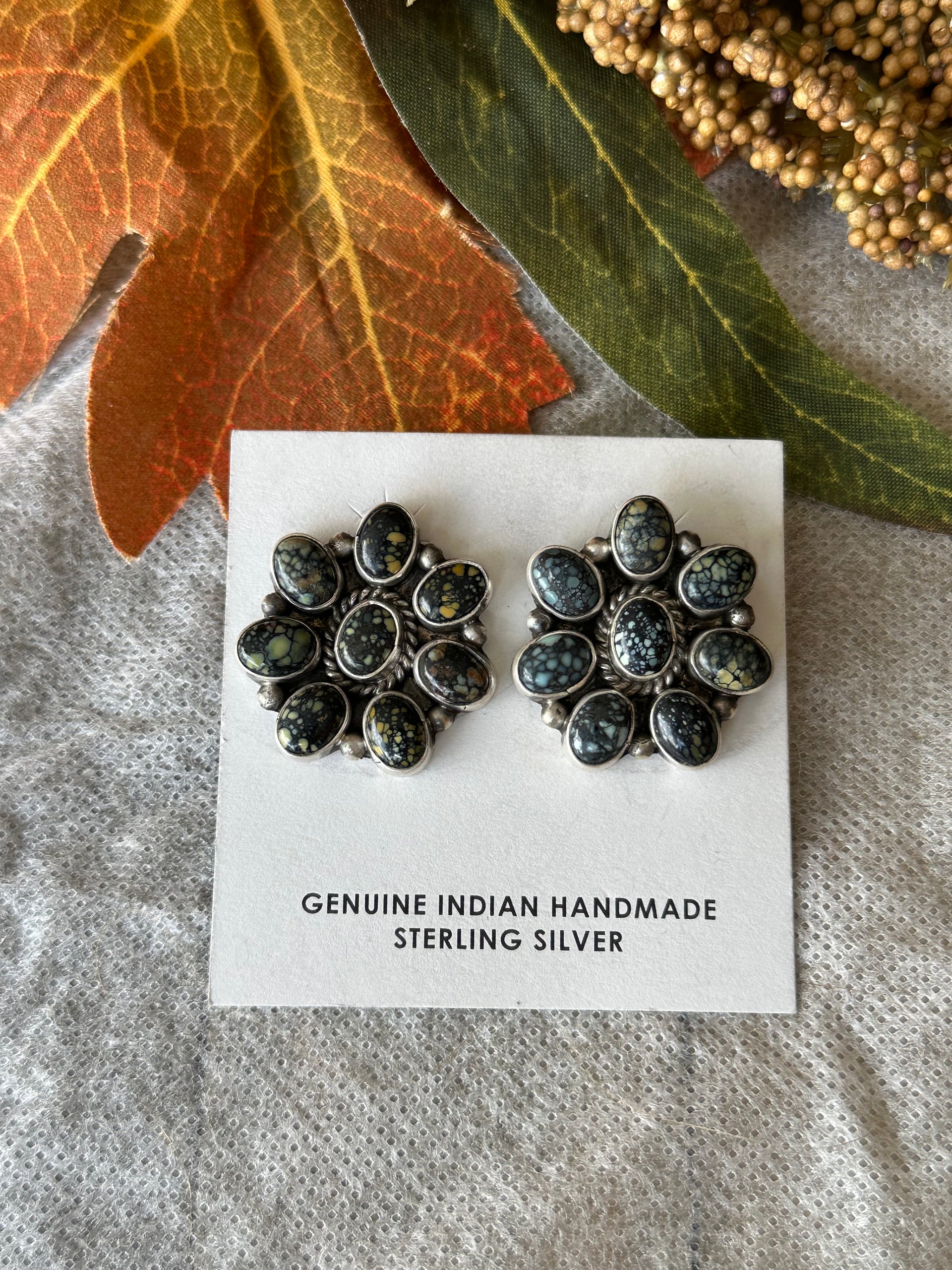 Linda Yazzie New Lander Turquoise & Sterling Silver Post Cluster Earrings