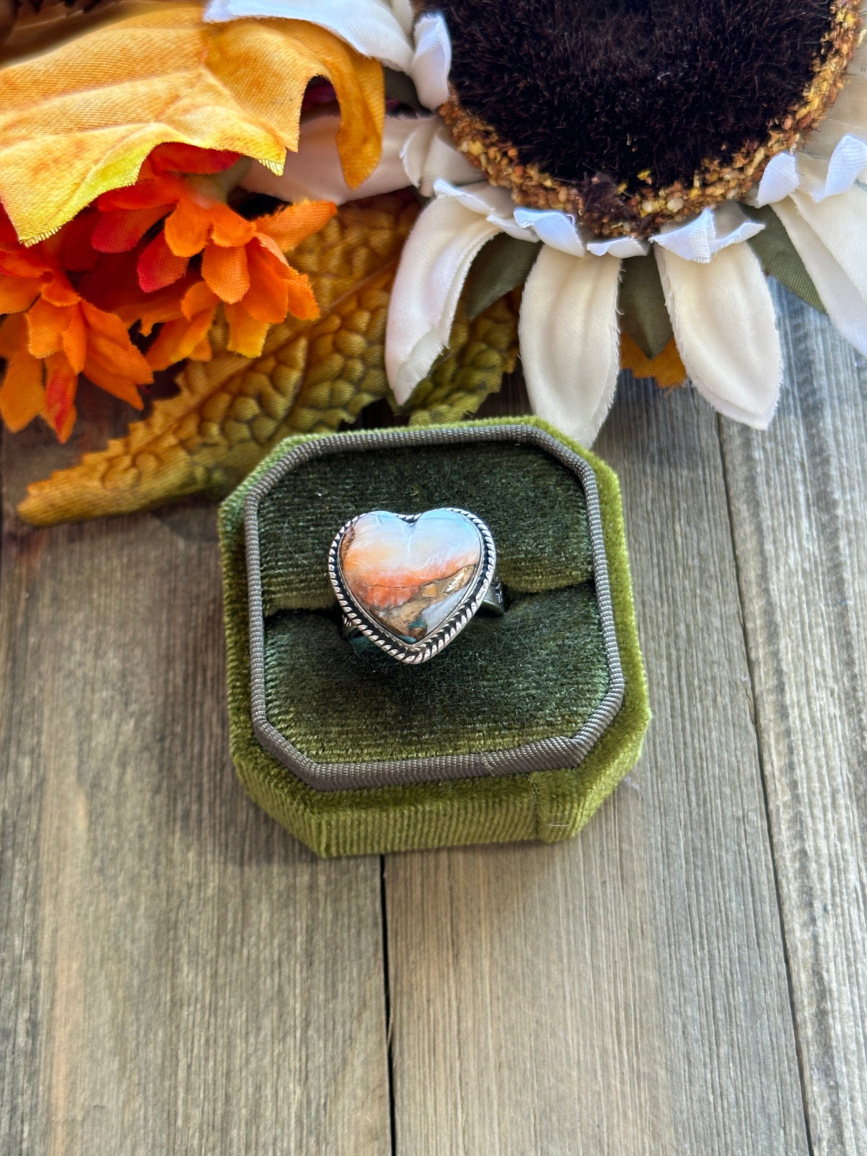 Southwest Handmade Mohave Turquoise & Sterling Silver Adjustable Heart Ring