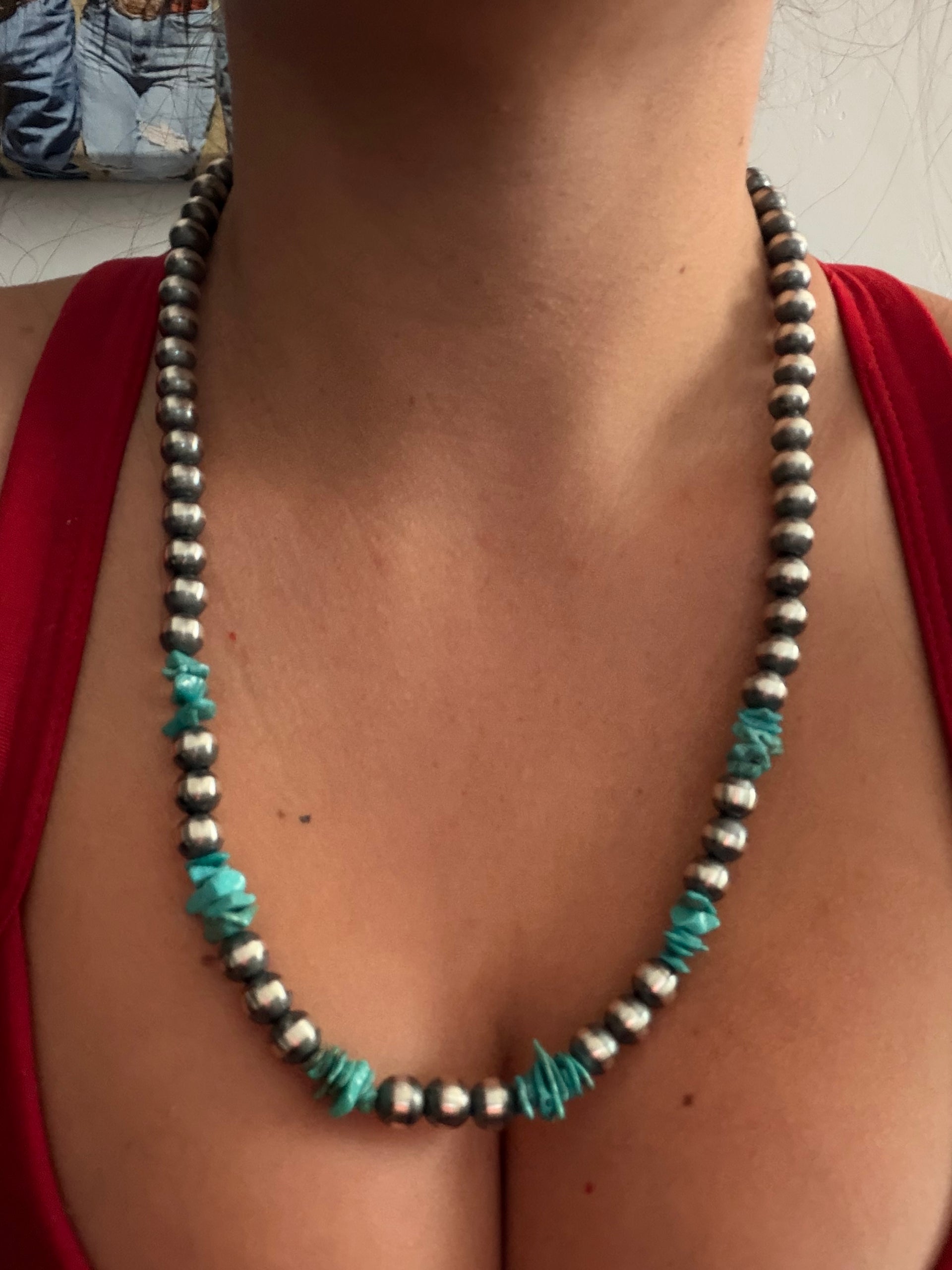 Navajo Strung Campitos Turquoise & Sterling Silver Pearl Necklace