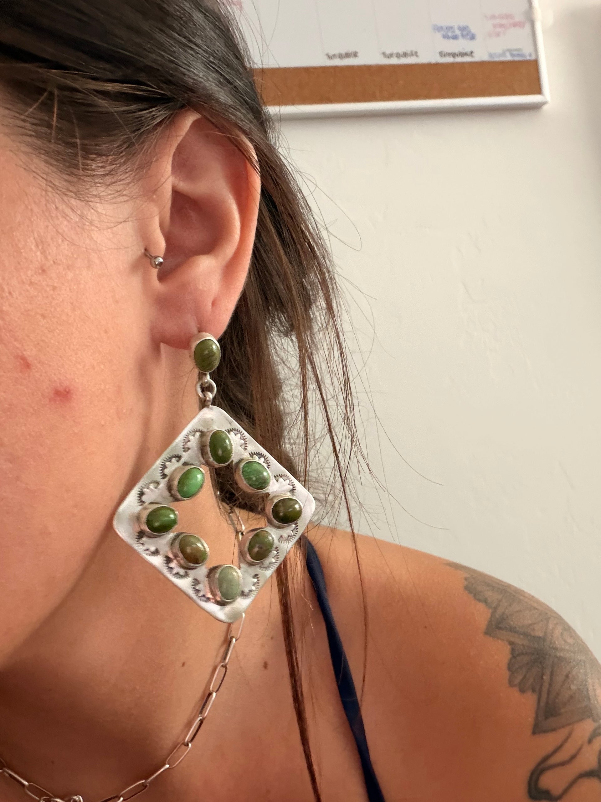 Navajo Made Hubei Turquoise & Sterling Silver Post Dangle Cluster Earrings
