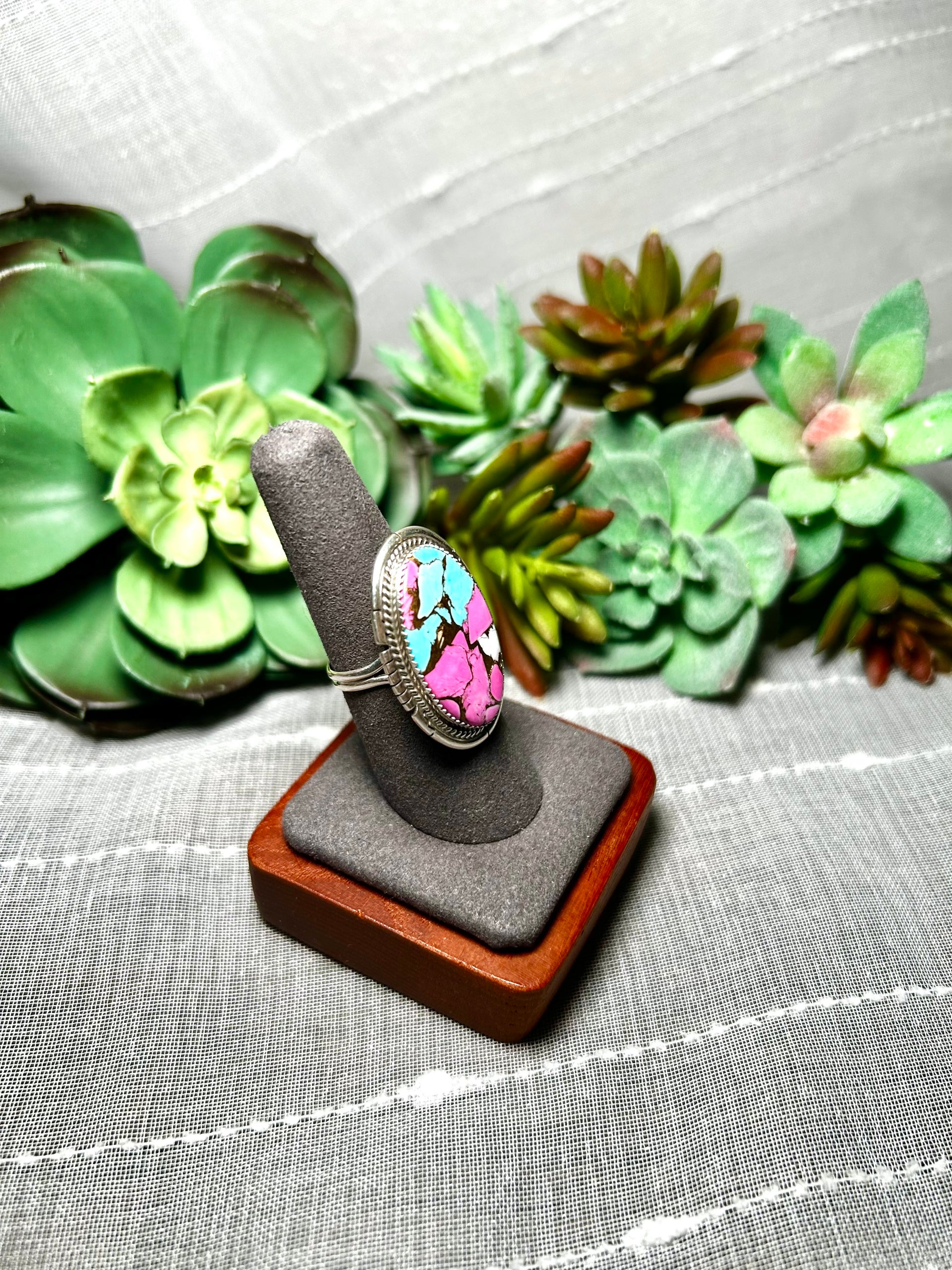 Dave Skeets Cotton Candy Dahlia & Sterling Silver Ring Size 7.75