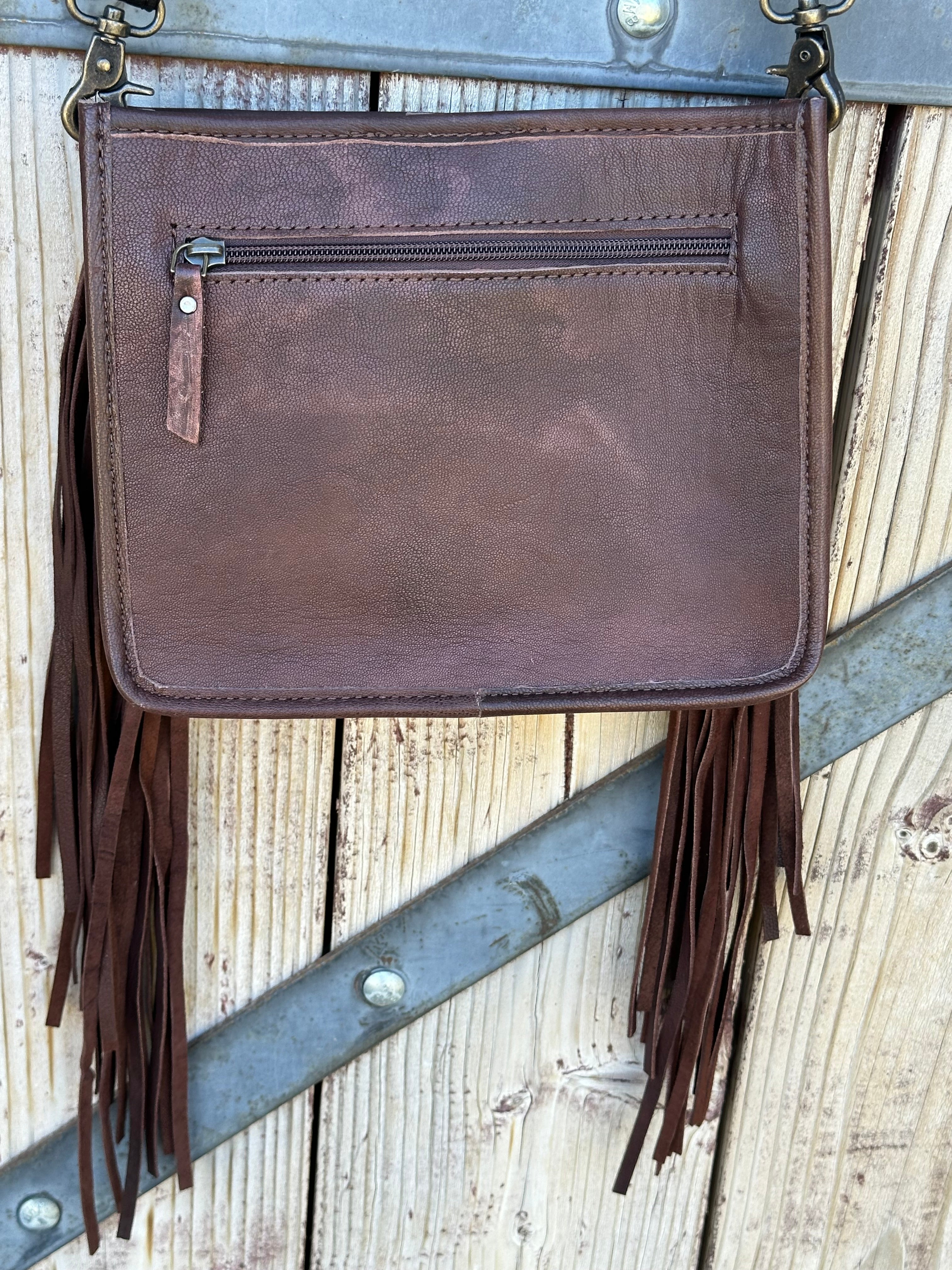 Genuine Tooled Leather & Cowhide Fringe Purse