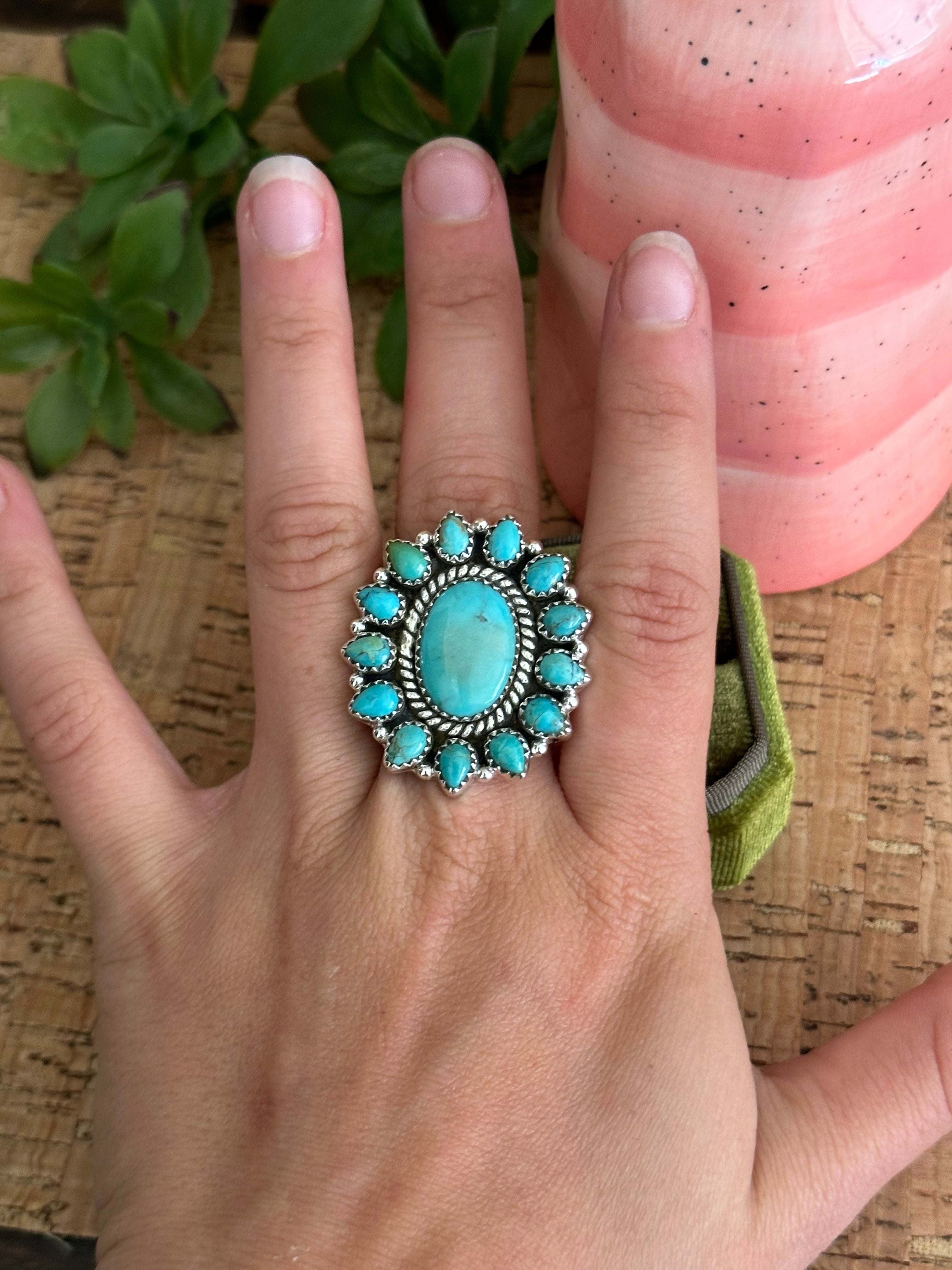 Southwest Handmade Kingman Turquoise & Sterling Silver Adjustable Cluster Ring