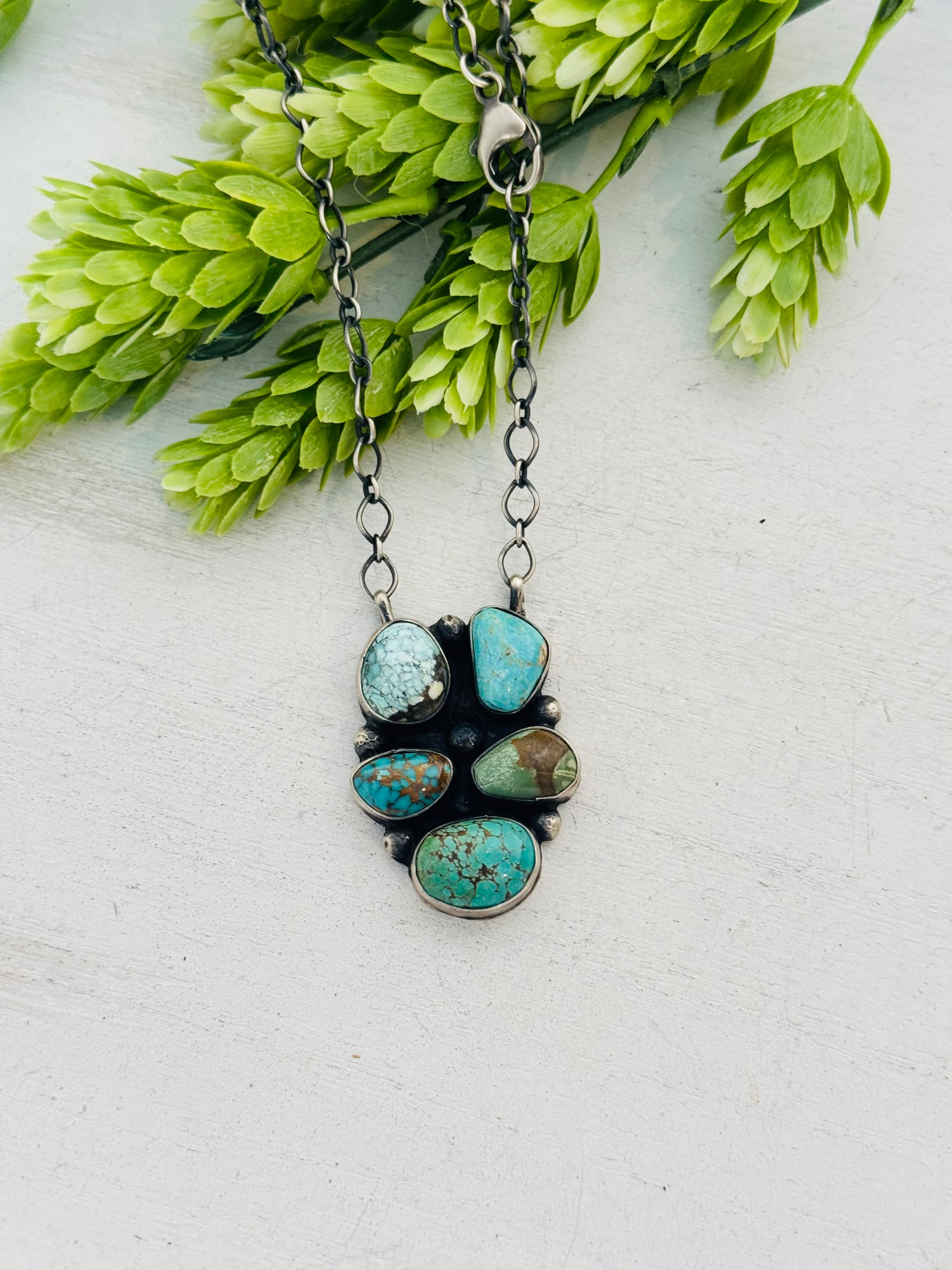 Navajo Made Mixed Turquoise & Sterling Silver Cluster Necklace
