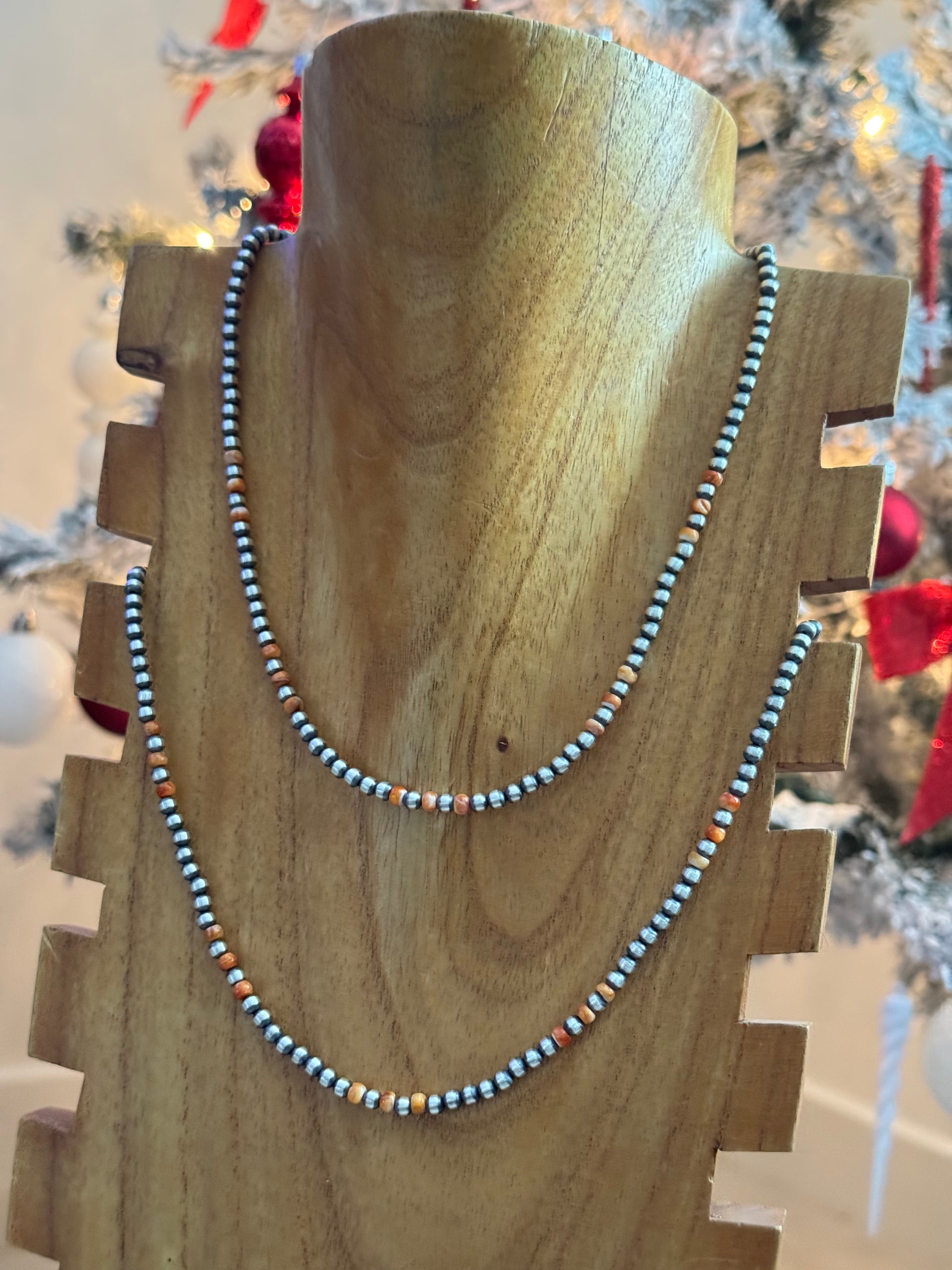 Navajo Strung Red/Orange Spiny Oyster & Sterling Silver Pearl Necklace