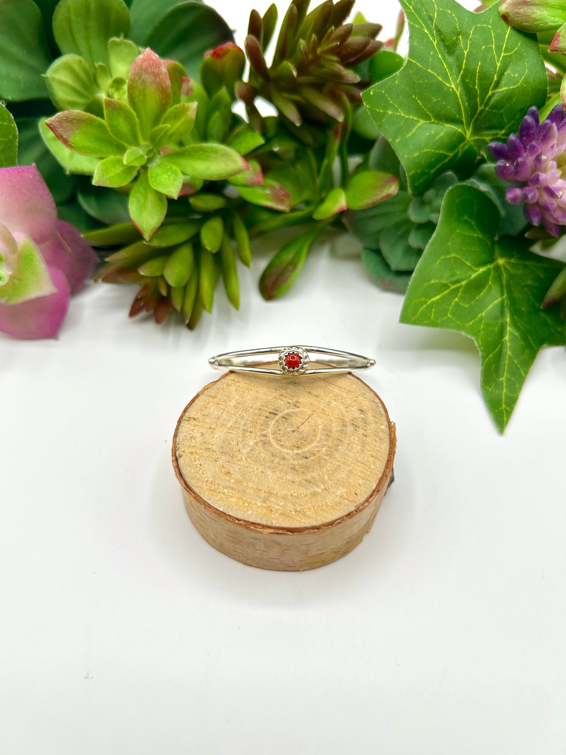 Navajo Made Coral & Sterling Silver Baby Cuff Bracelet