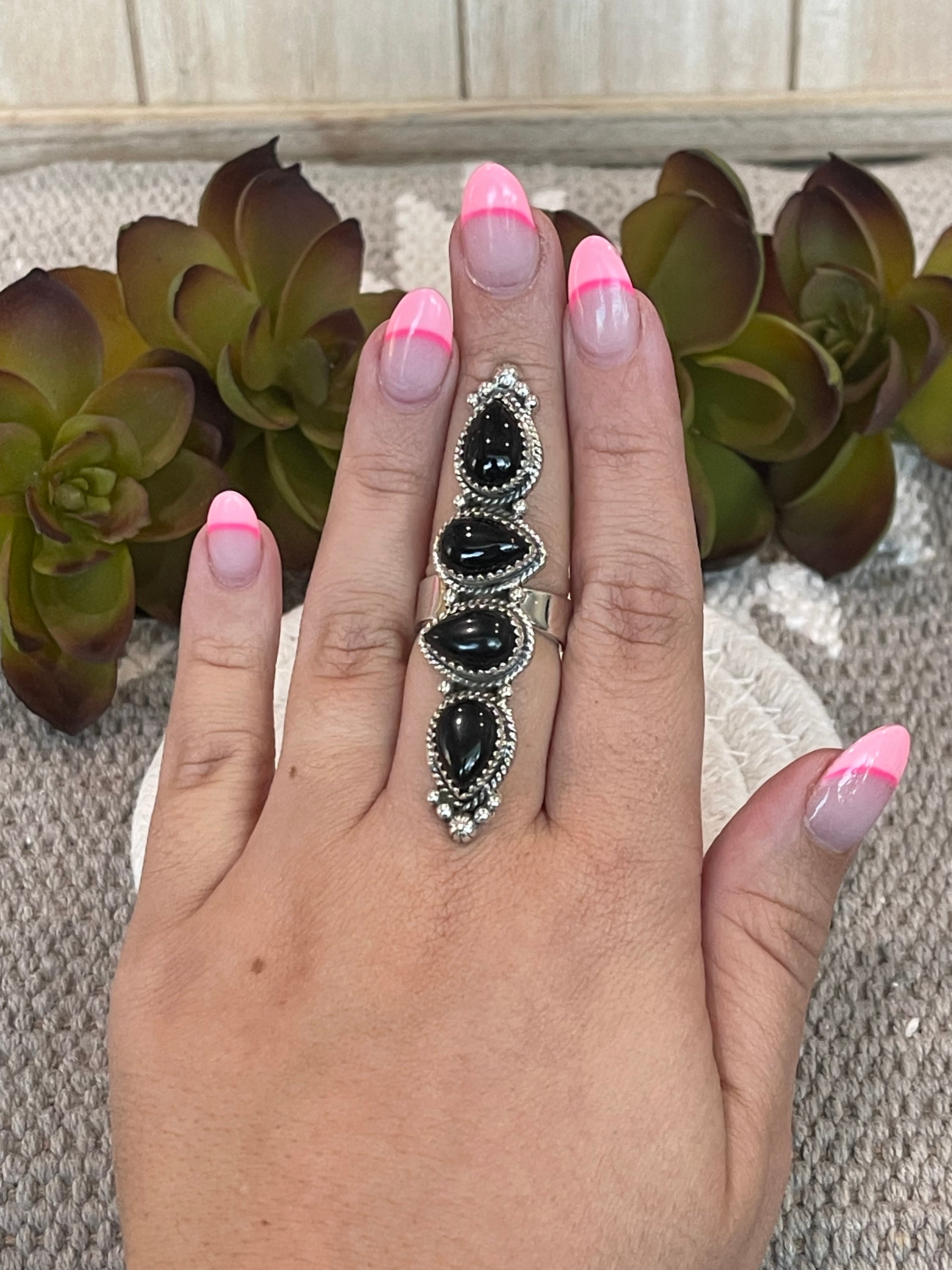 Southwest Handmade Black Onyx & Sterling Silver Adjustable 4 Stone Ring