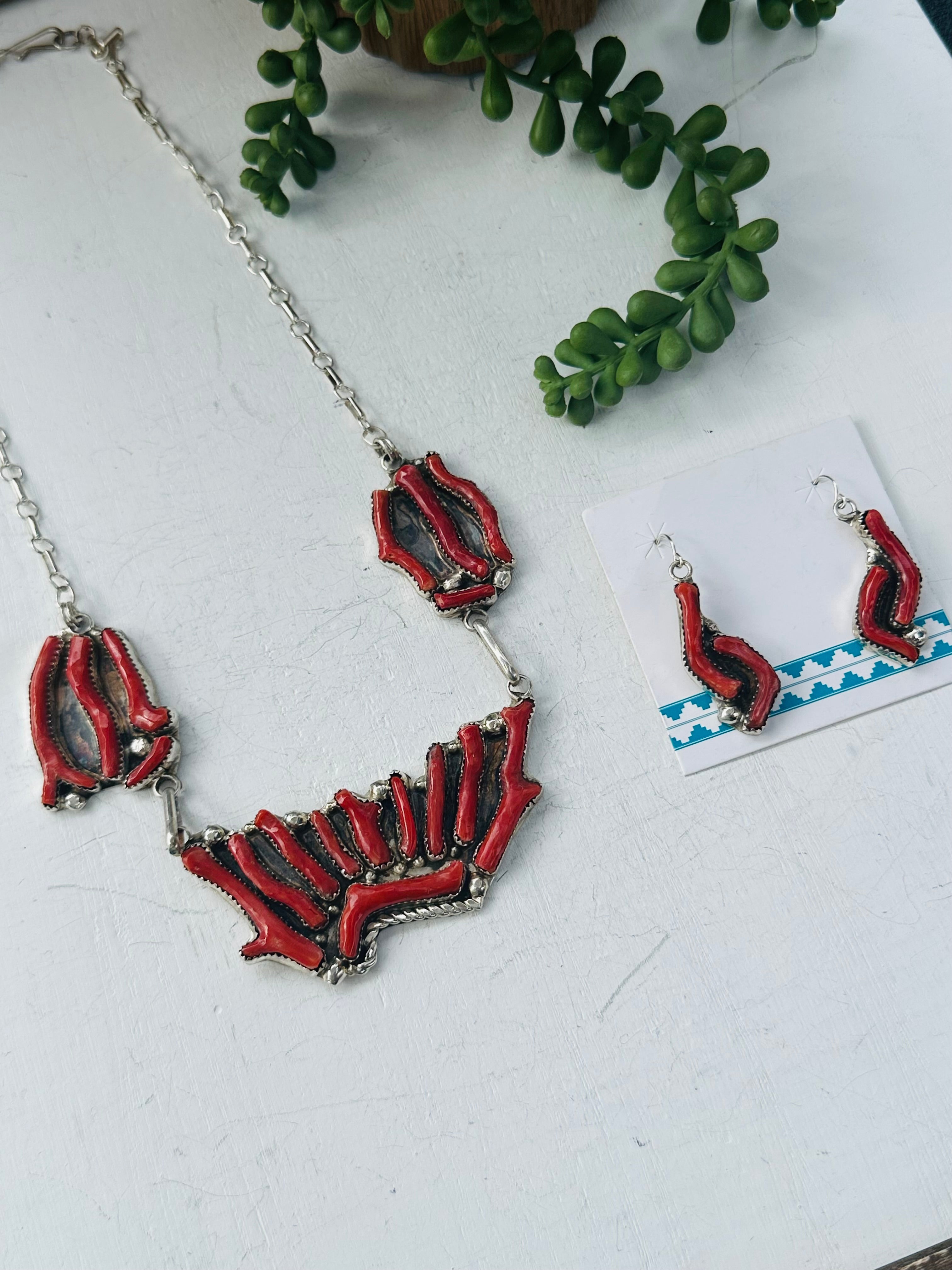 Zuni Made Red Coral and Sterling Silver Necklace Set