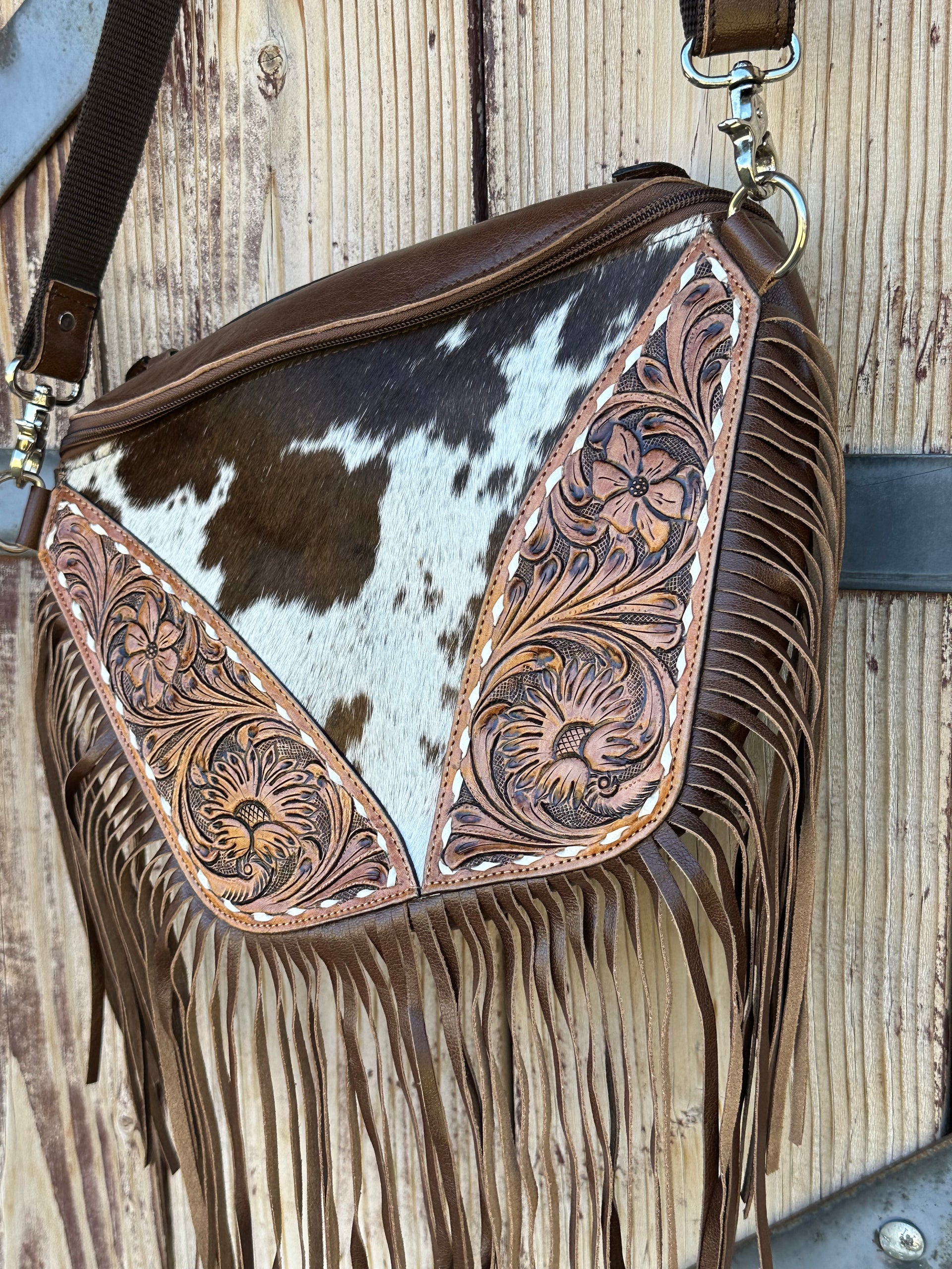 Genuine Tooled Leather & Cowhide Fringe Purse