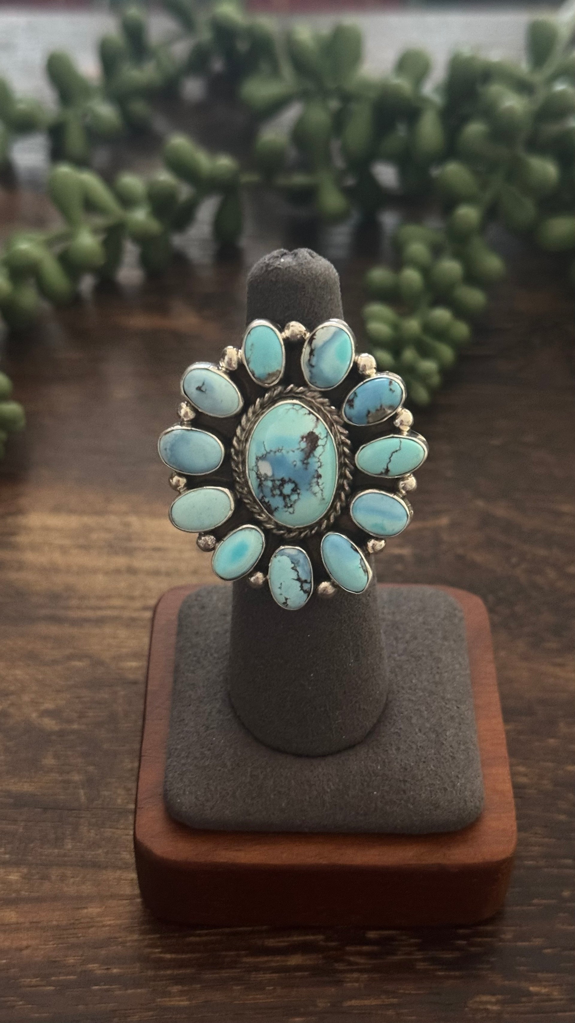 Navajo Made Golden Hill Turquoise & Sterling Silver Cluster Ring Size 6.5