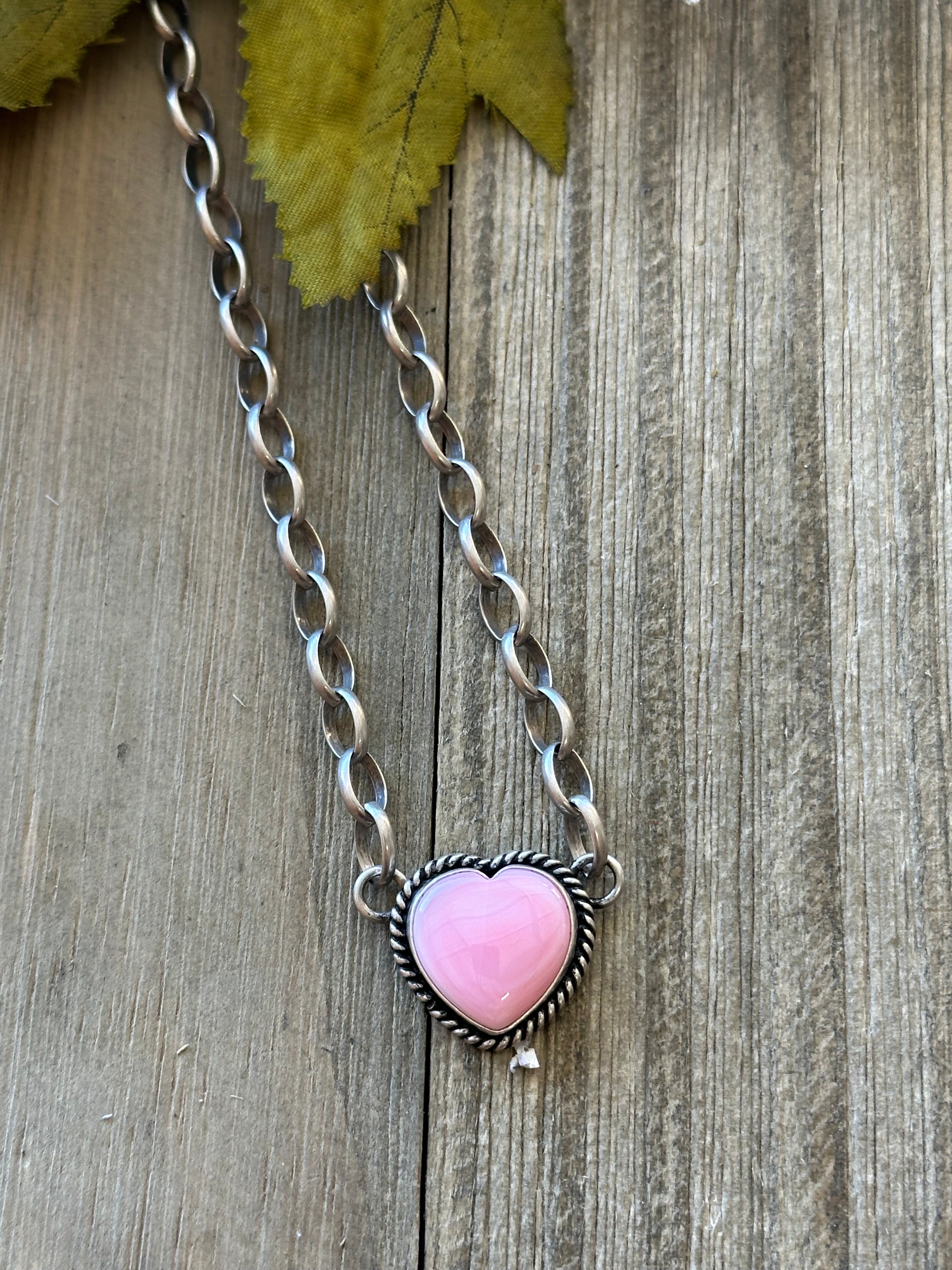 Navajo Made Pink Conch & Sterling Silver Heart Necklace