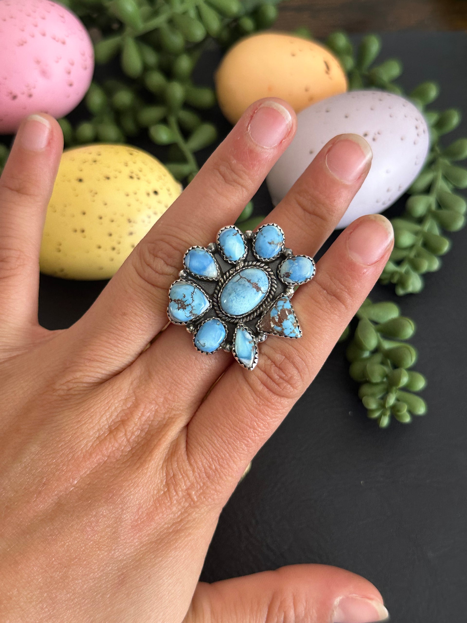 Southwest Handmade Golden Hills Turquoise & Sterling Silver Adjustable Cluster Ring