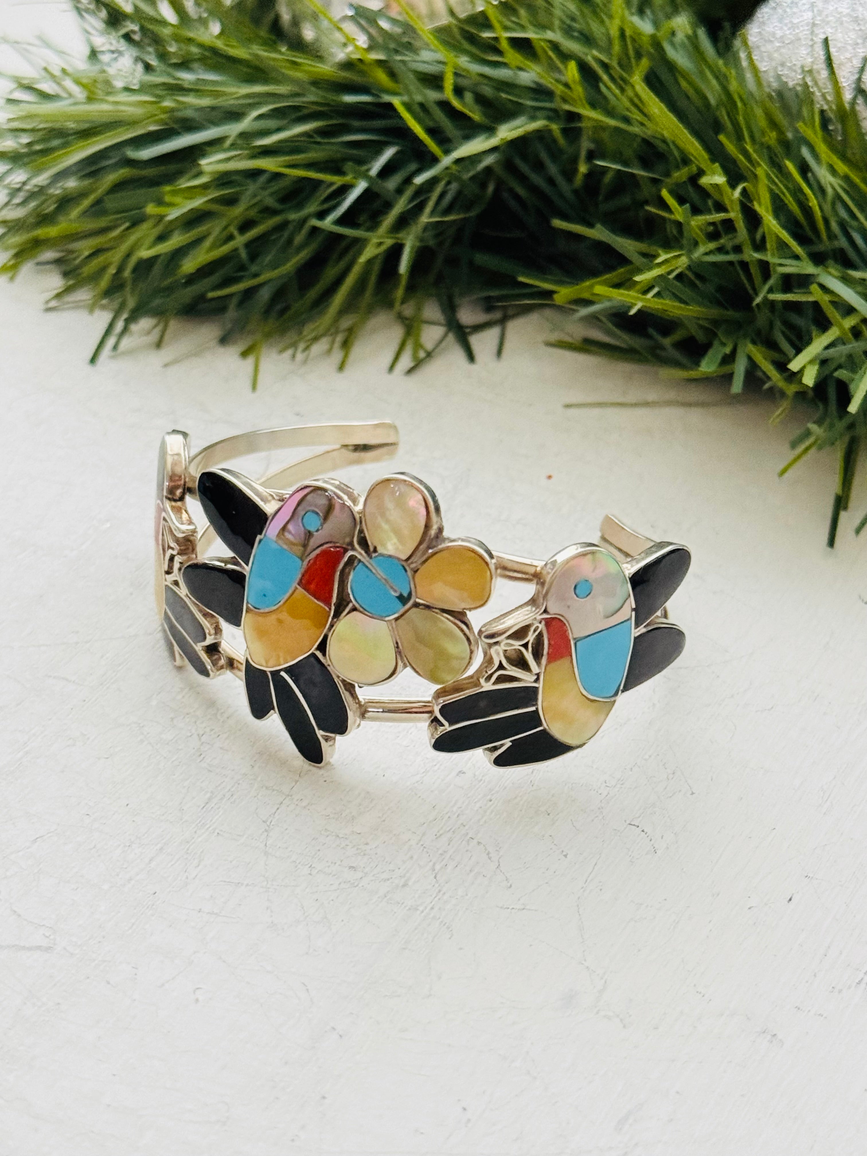 Zuni Made Multi Stone & Sterling Silver Inlay Hummingbird Cuff Bracelet