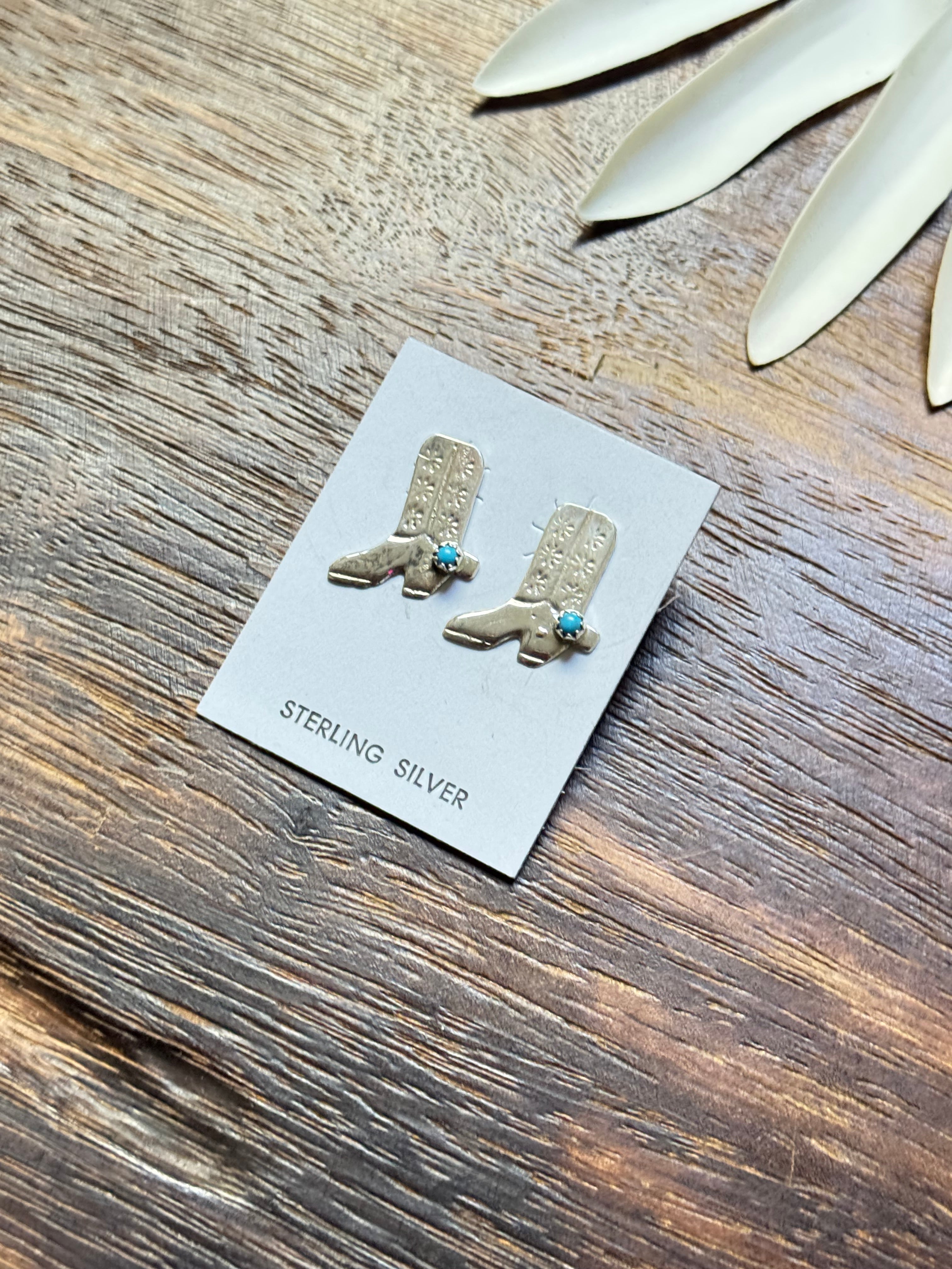 Navajo Made Kingman Turquoise & Sterling Silver Post Cowboy Boot Earrings