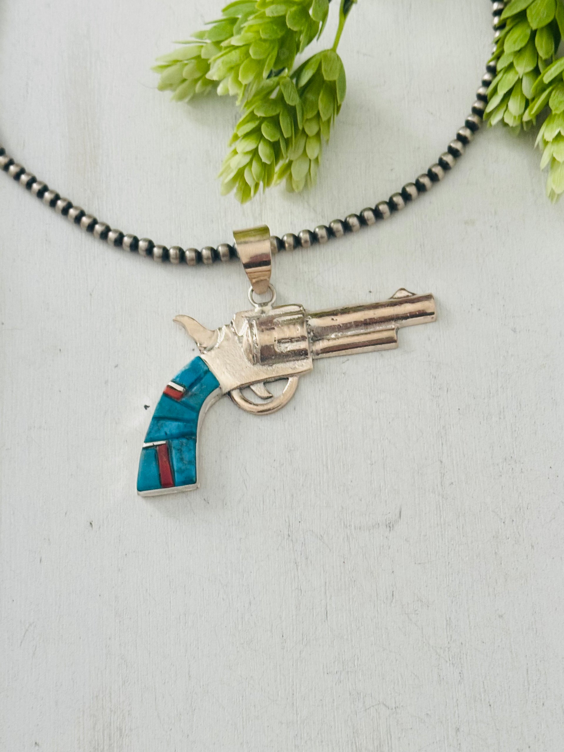 Bobby Mannelito Multi Stone & Sterling Silver Pistol Pendant
