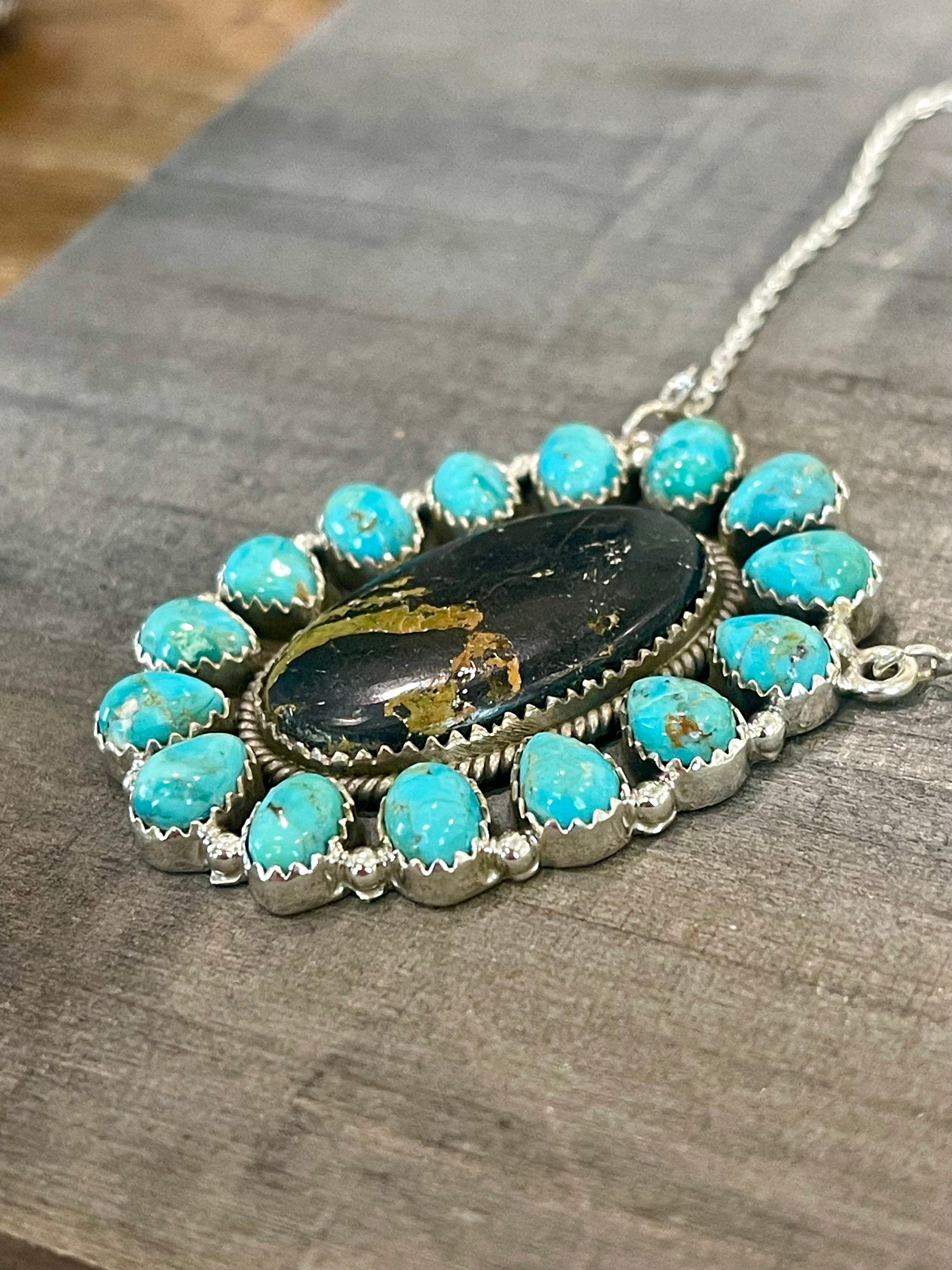 Southwest Handmade BlackJack Turquoise And Kingman Turquoise & Sterling Silver Necklace