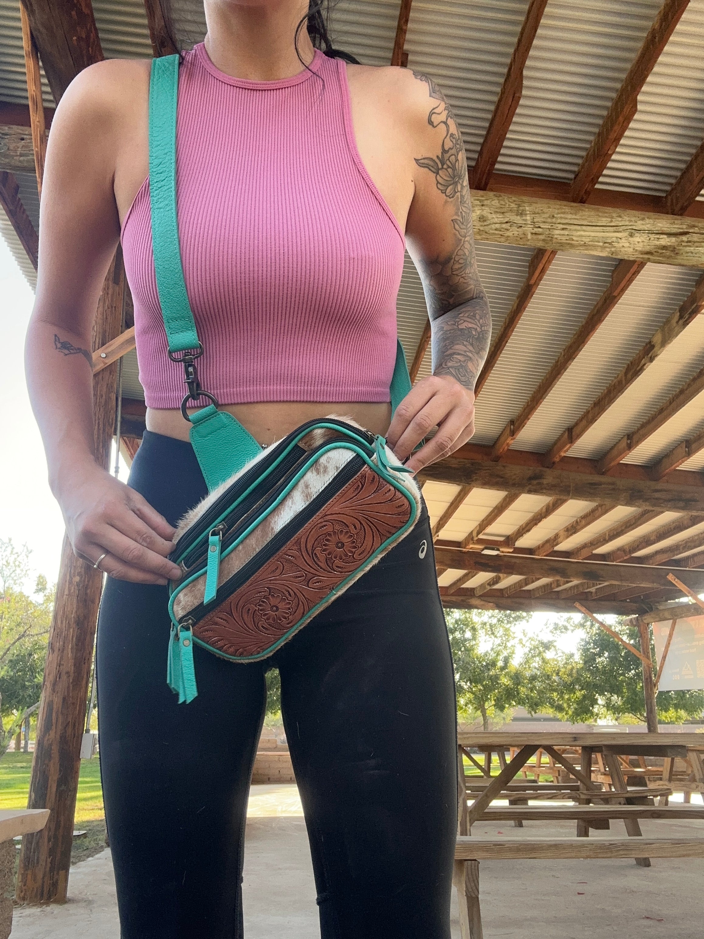 Genuine Tooled Leather Cowhide Cross Body