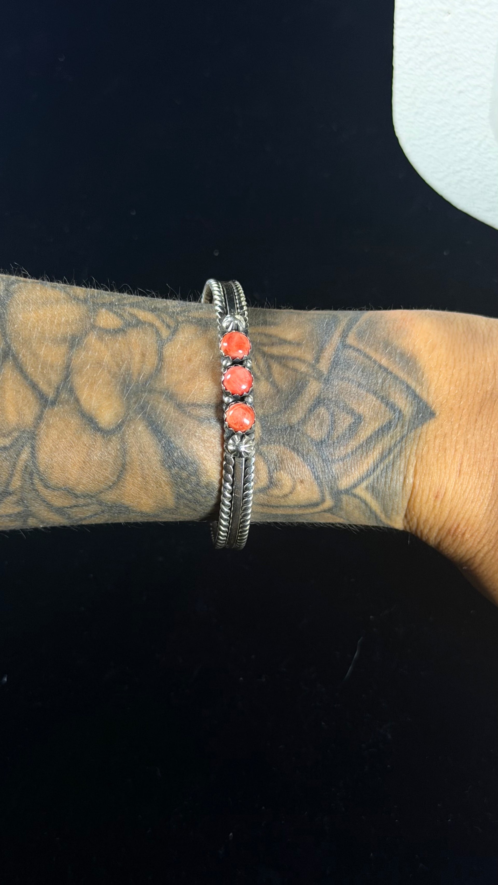 Navajo Made Red Spiny Oyster & Sterling Silver Cuff Bracelet