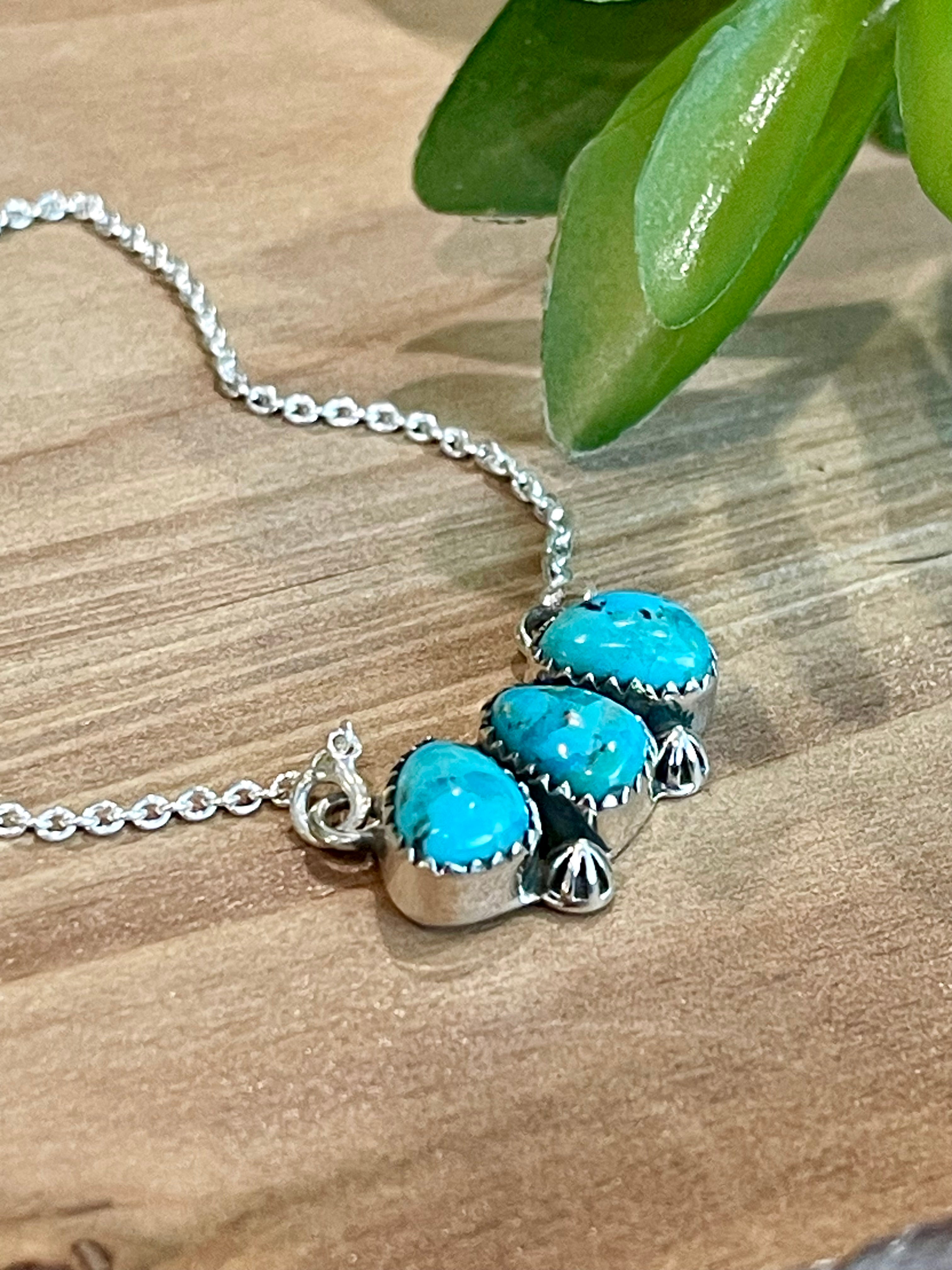 Southwest Handmade Turquoise & Sterling Silver 3 Stone Necklace