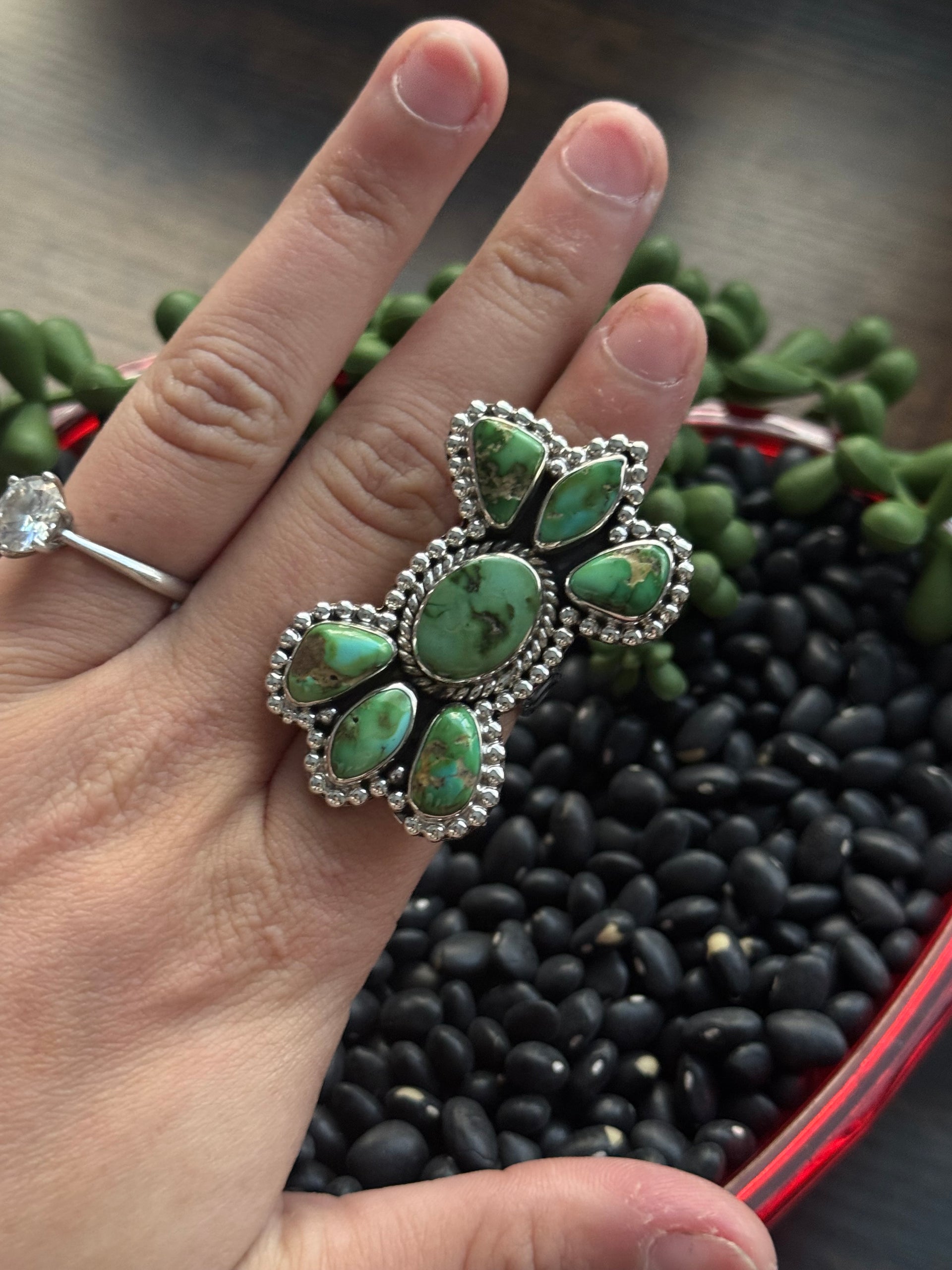 Southwest Handmade Sonoran Mountain Turquoise & Sterling Silver Adjustable Cluster Ring
