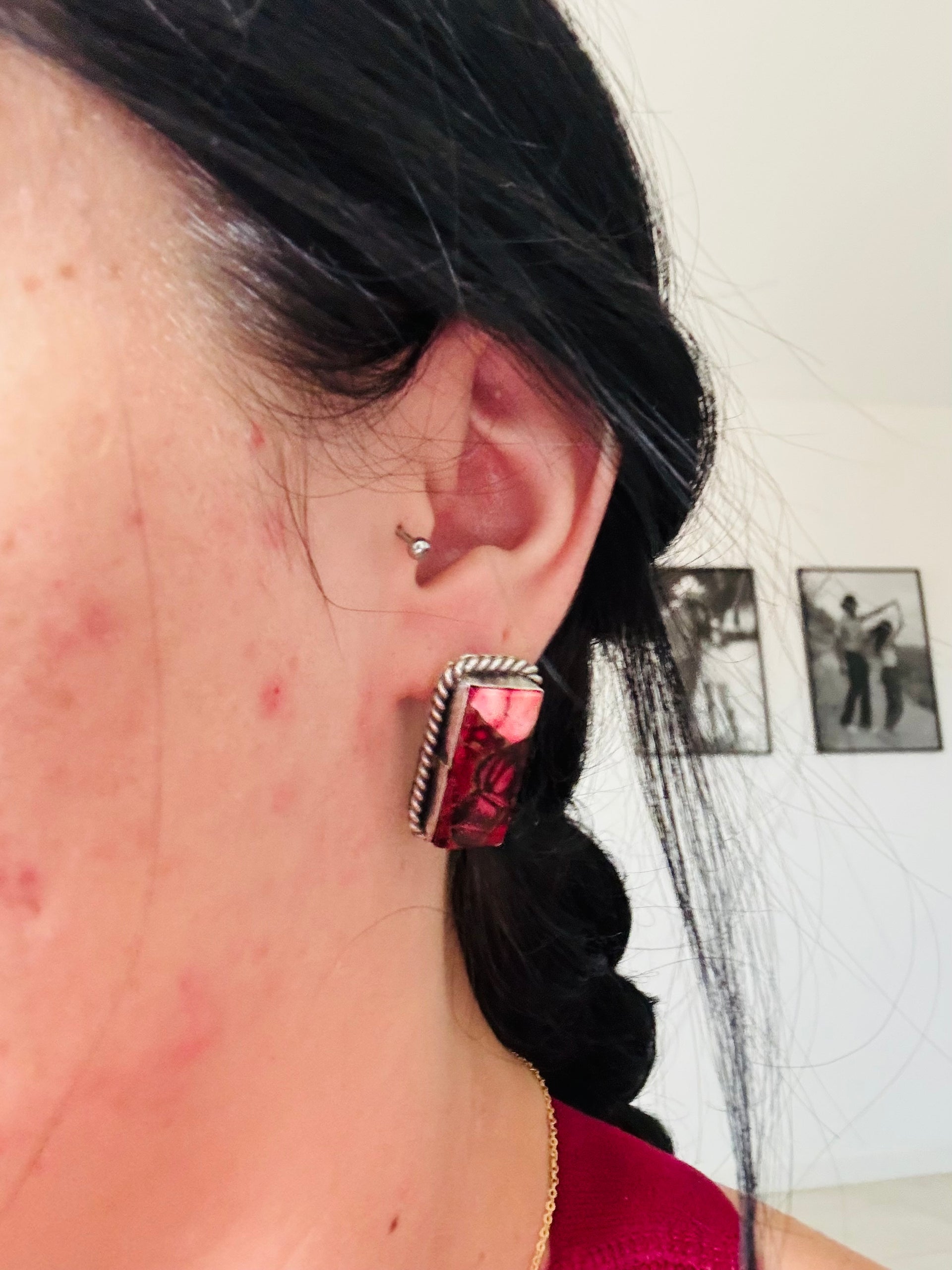 Navajo Made Dahlia Rose & Sterling Silver Post Earrings