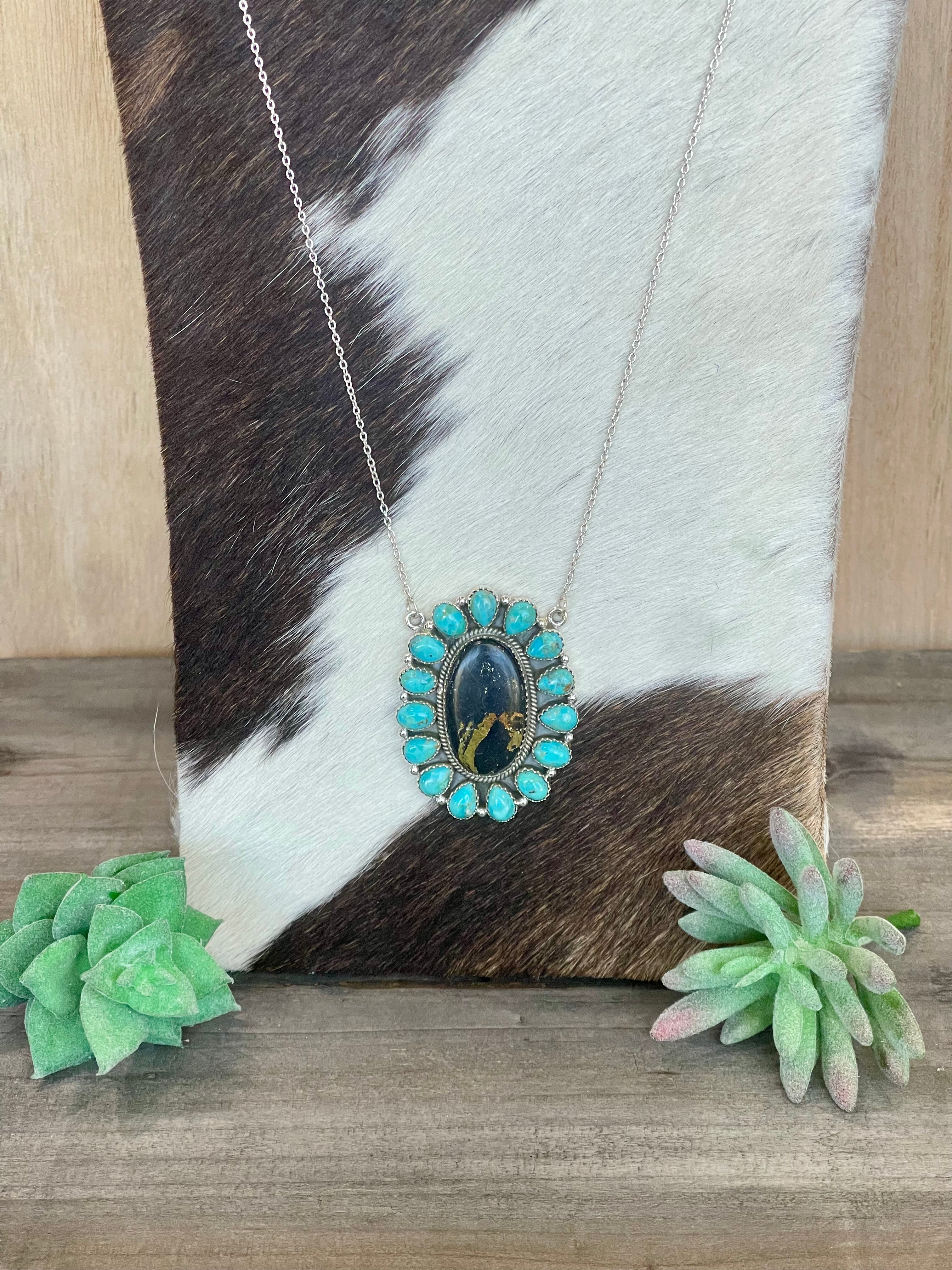 Southwest Handmade BlackJack Turquoise And Kingman Turquoise & Sterling Silver Necklace