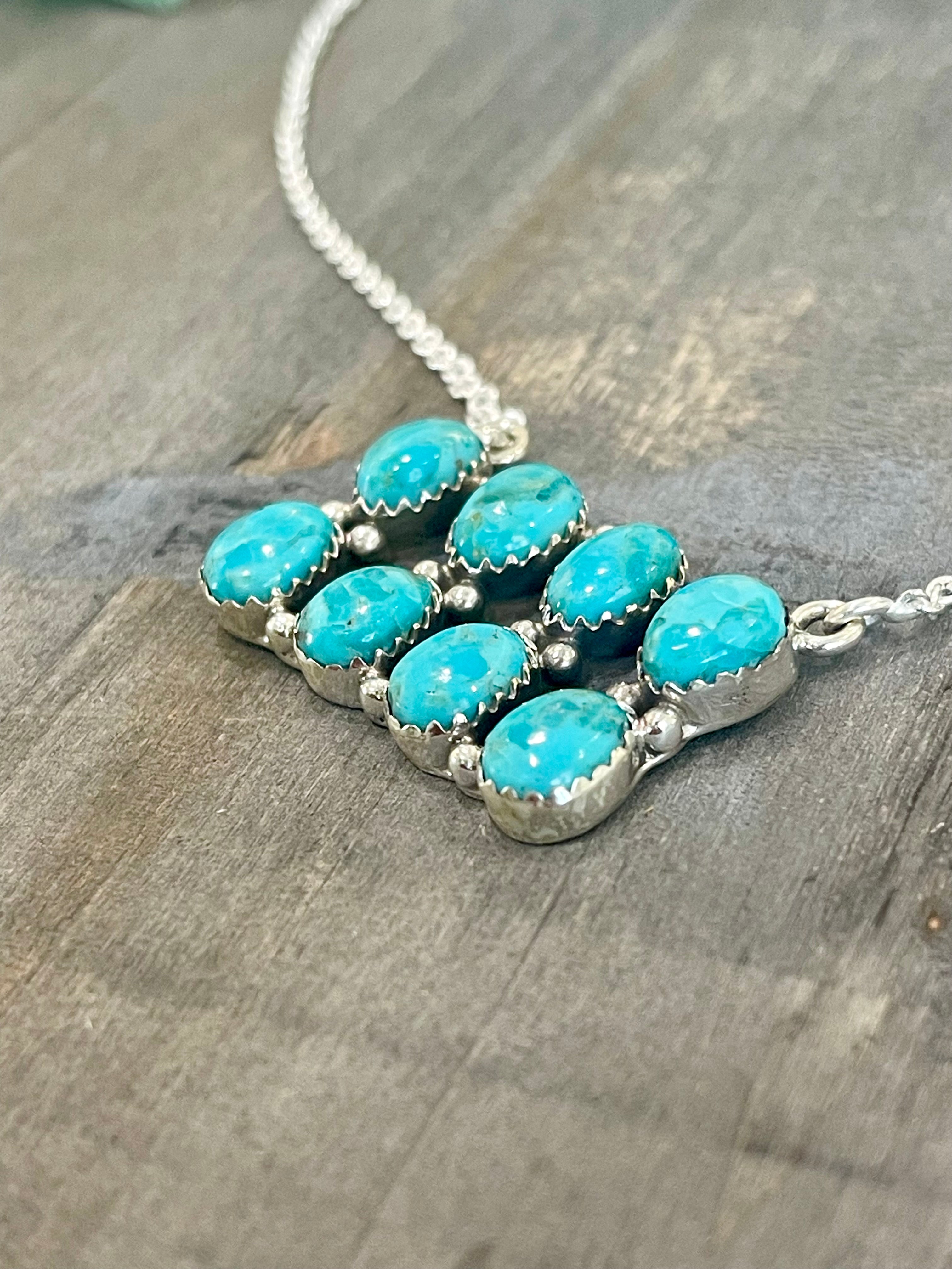 Southwest Handmade Kingman Turquoise & Sterling Silver Cluster Bar Necklace