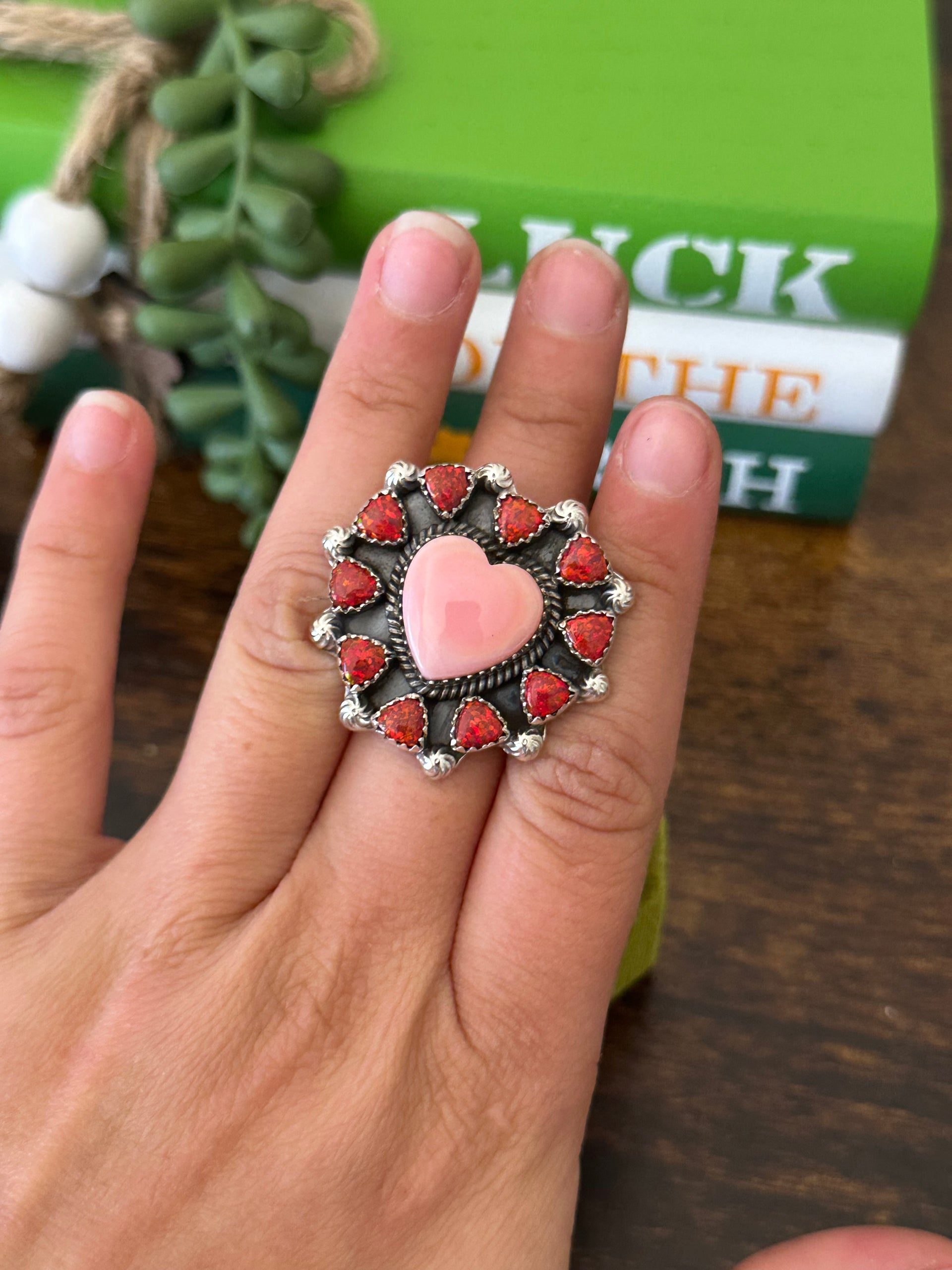 Southwest Handmade Multi Stone & Sterling Silver Adjustable Cluster Heart Ring