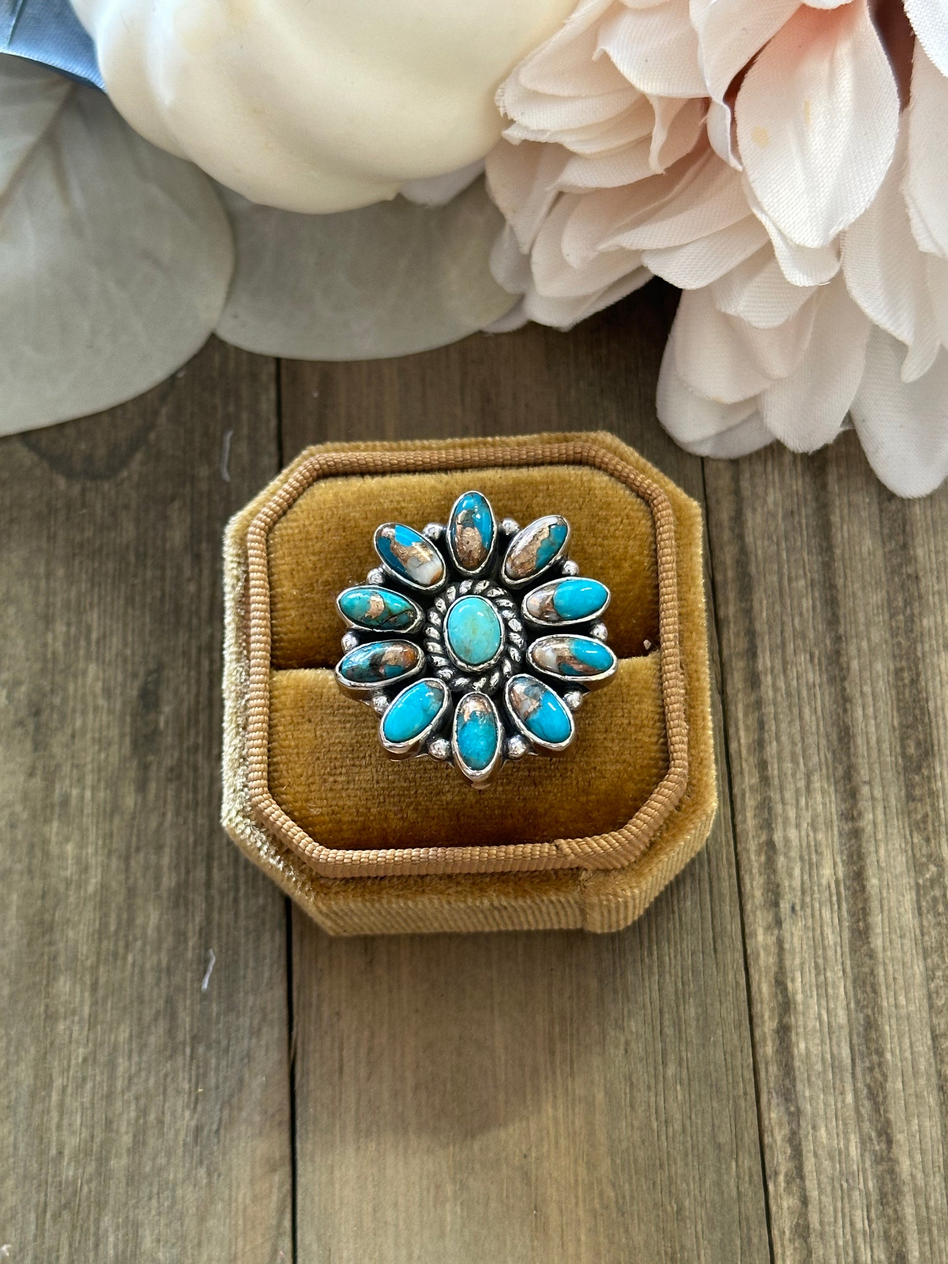 Southwest Handmade Mohave Turquoise & Sterling Silver Adjustable Cluster Ring