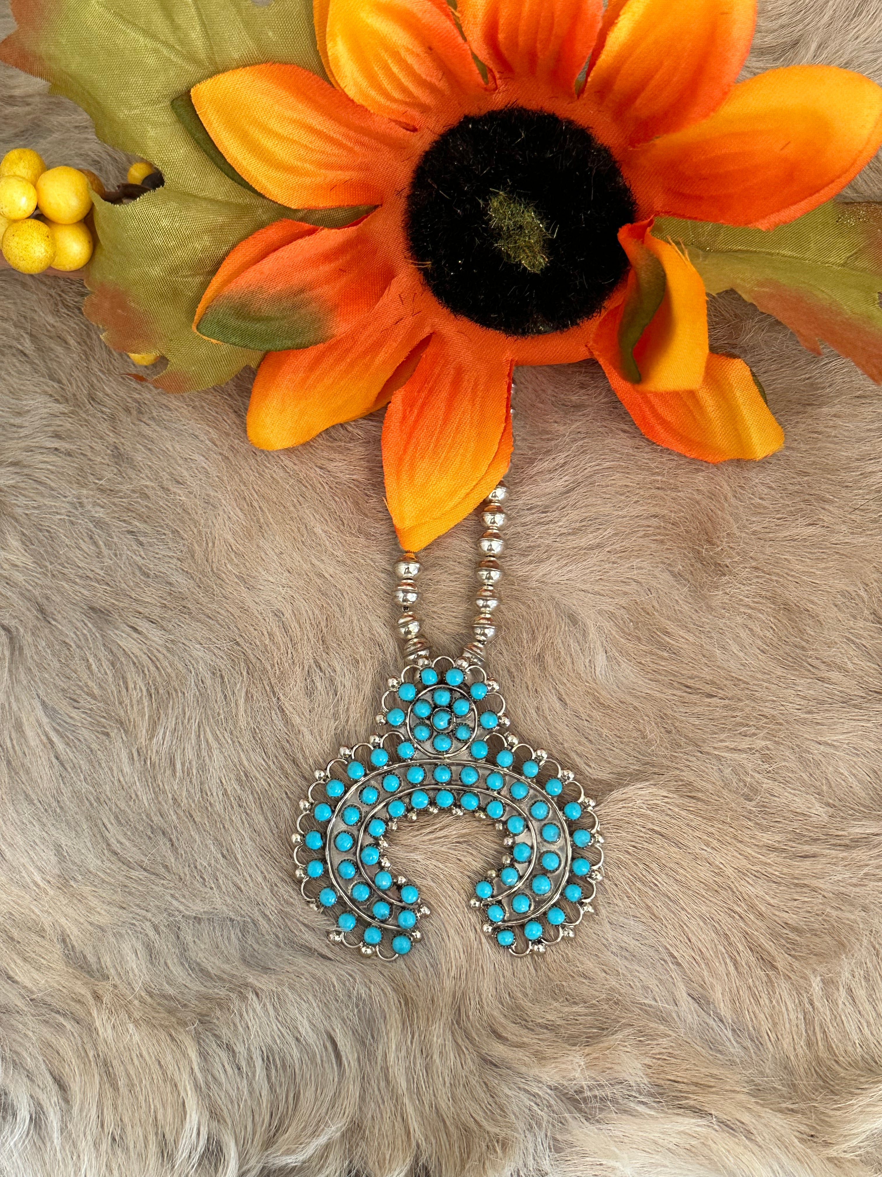 Zuni Made Sleeping Beauty Turquoise & Sterling Silver Naja Necklace