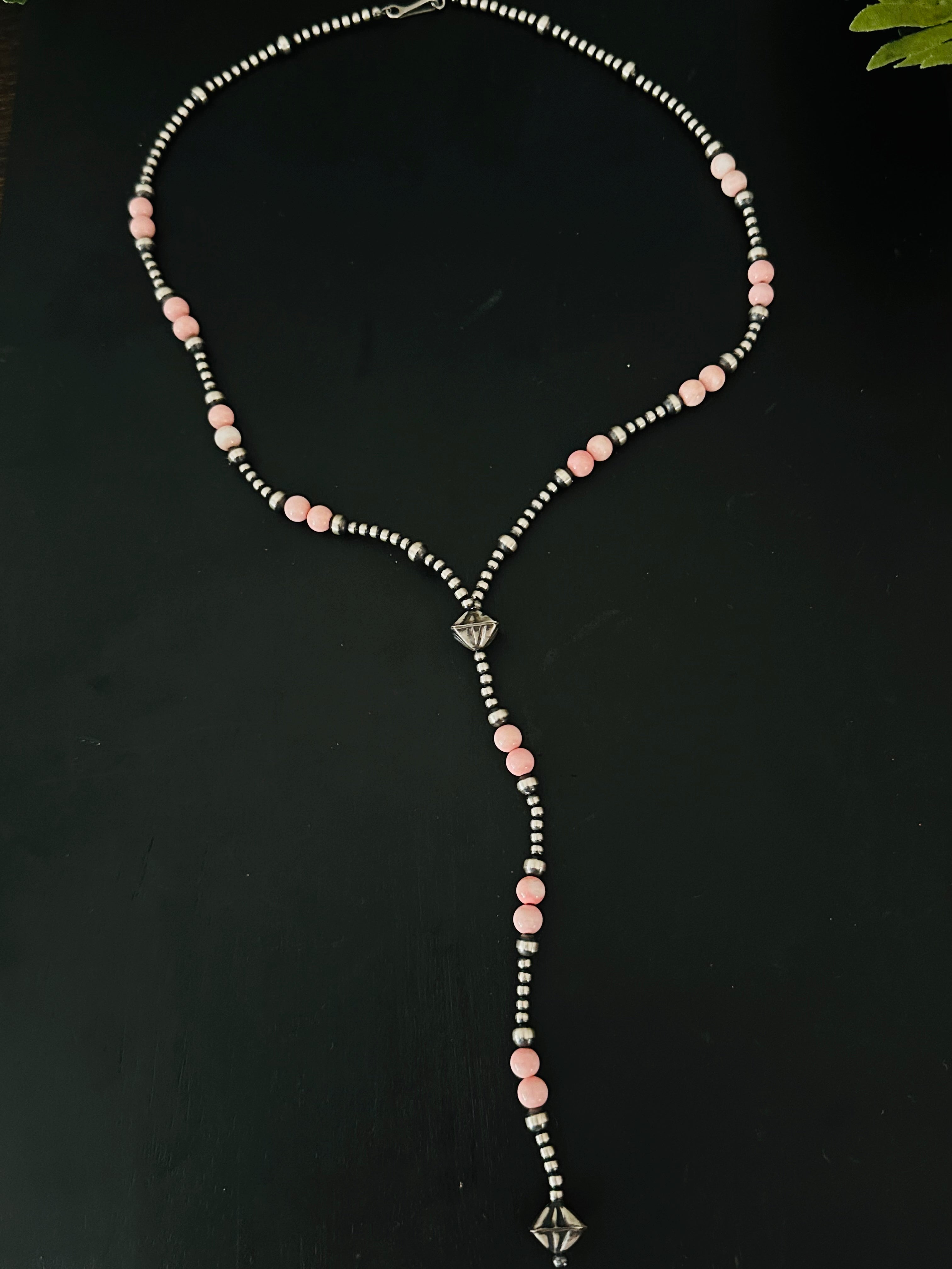 Navajo Strung Pink Conch & Sterling Silver Pearls Beaded Lariat Necklace