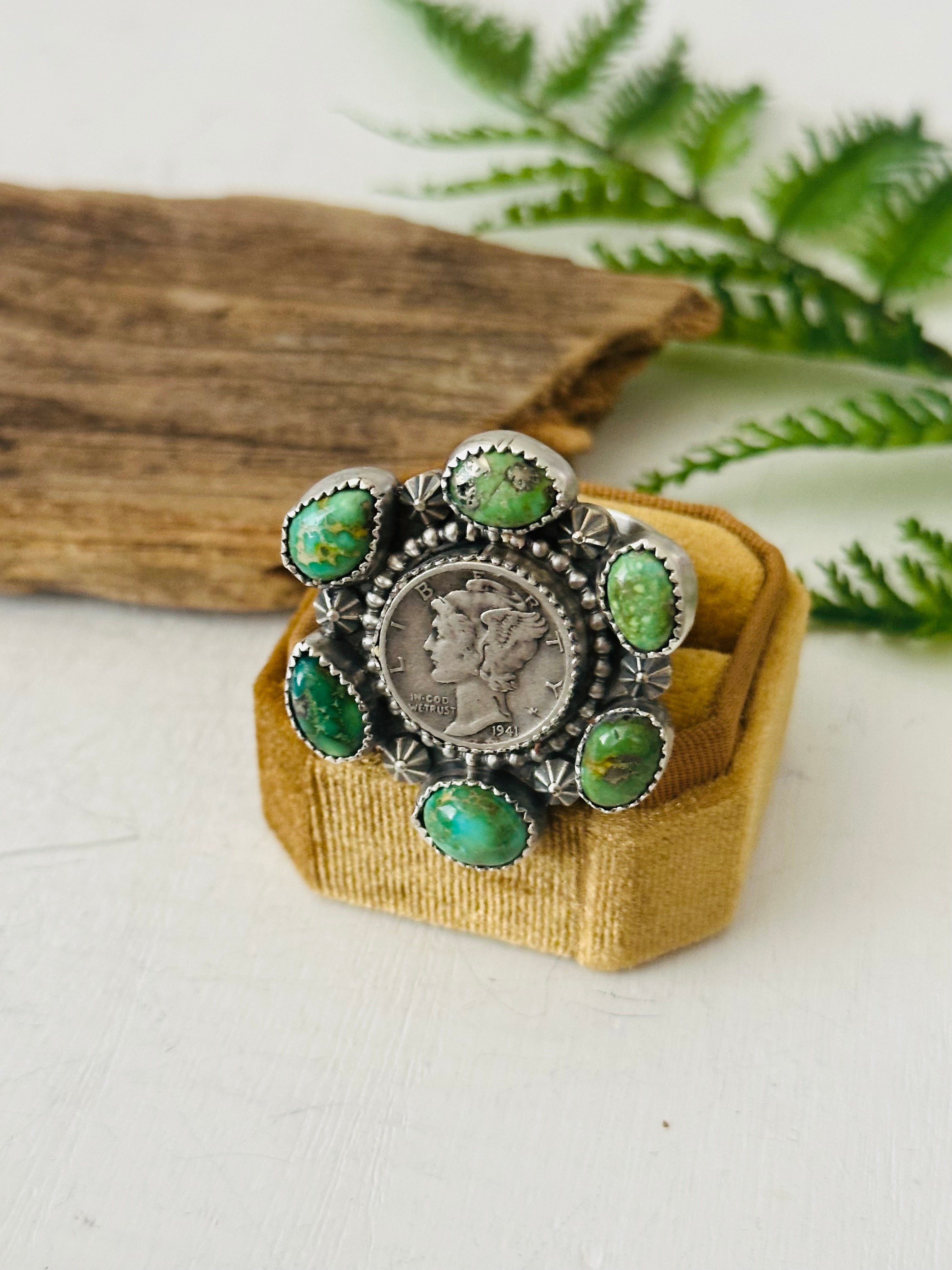 Navajo Made Sonoran Gold Turquoise & Sterling Silver Adjustable Ring