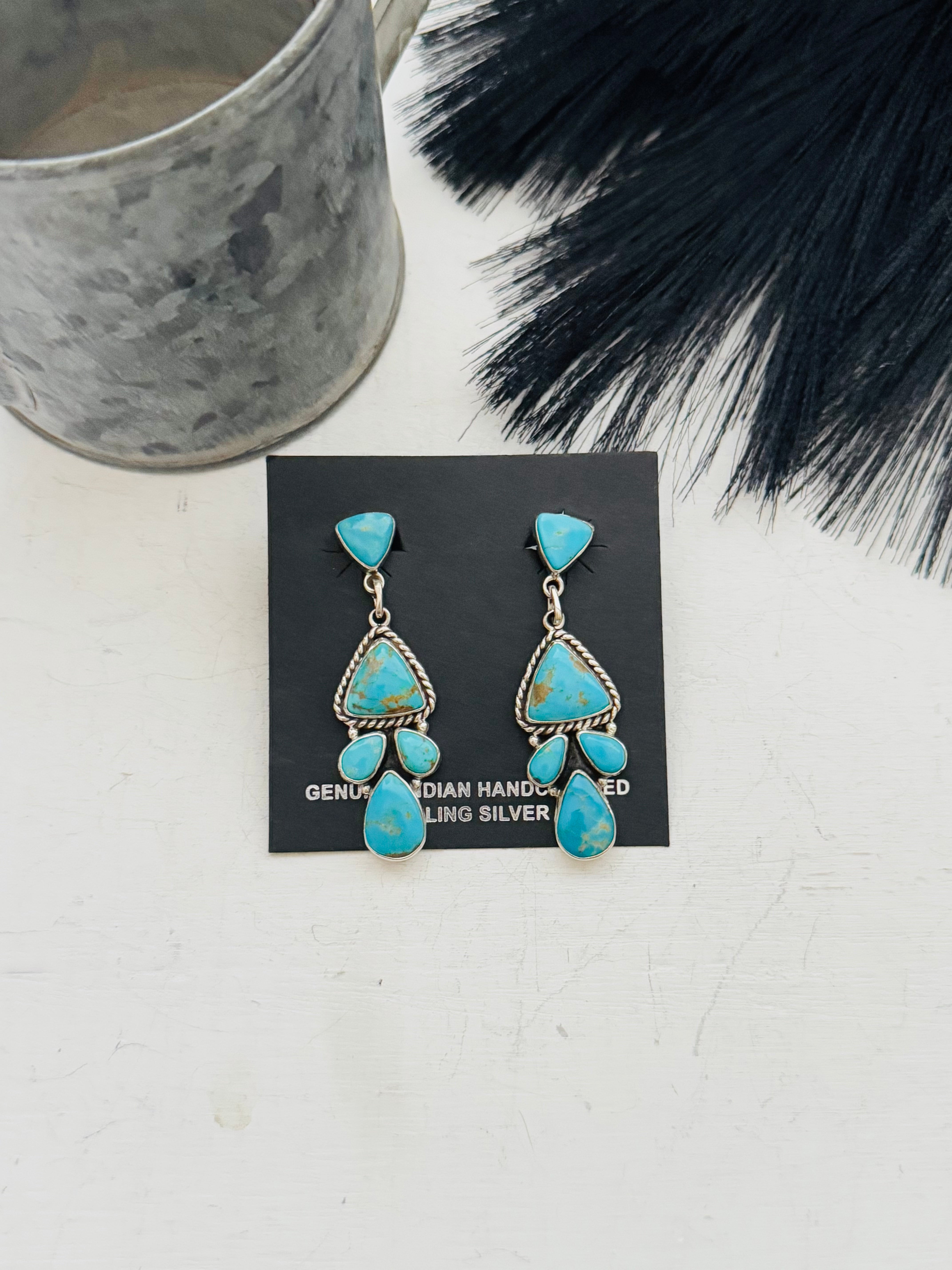 Southwest Handmade Kingman Turquoise & Sterling Silver Post Dangle Earrings