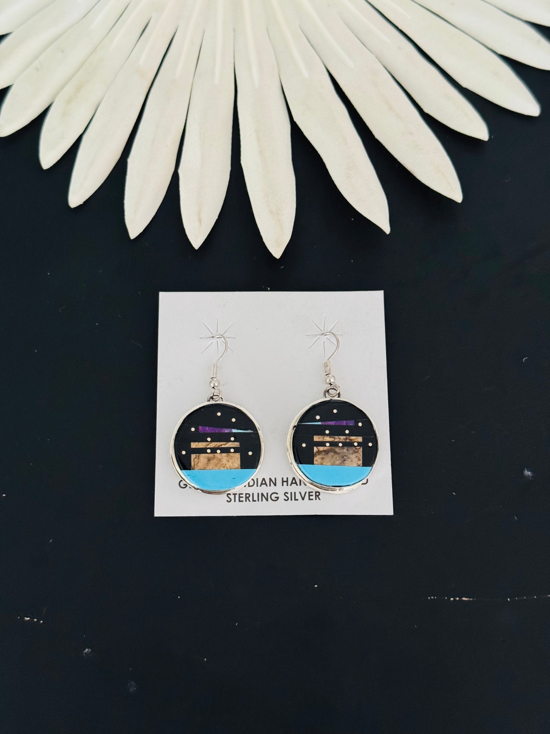 Gilbert Smith Multi Stone & Sterling Silver Inlay Dangle Earrings