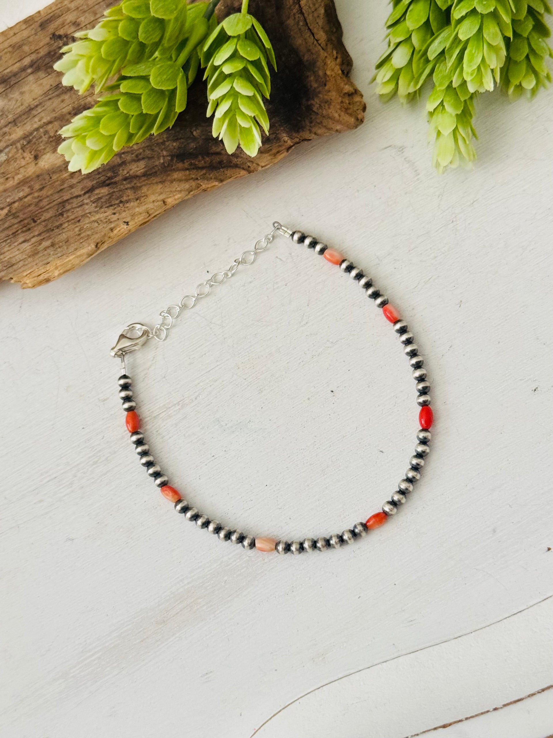 Navajo Made Spiny Oyster & Sterling Silver Strung Anklet