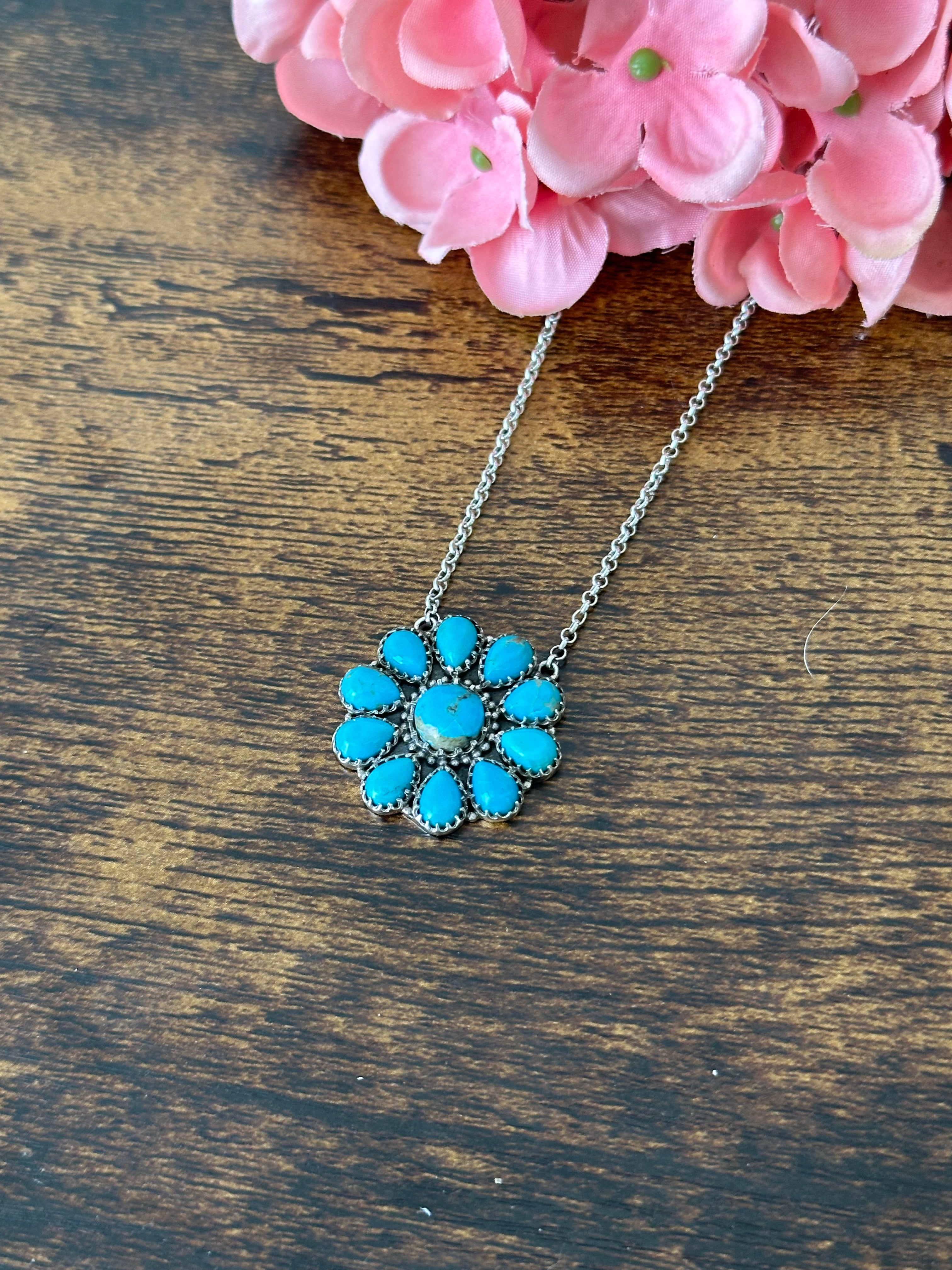 Southwest Handmade Kingman Turquoise & Sterling Silver Cluster Necklace