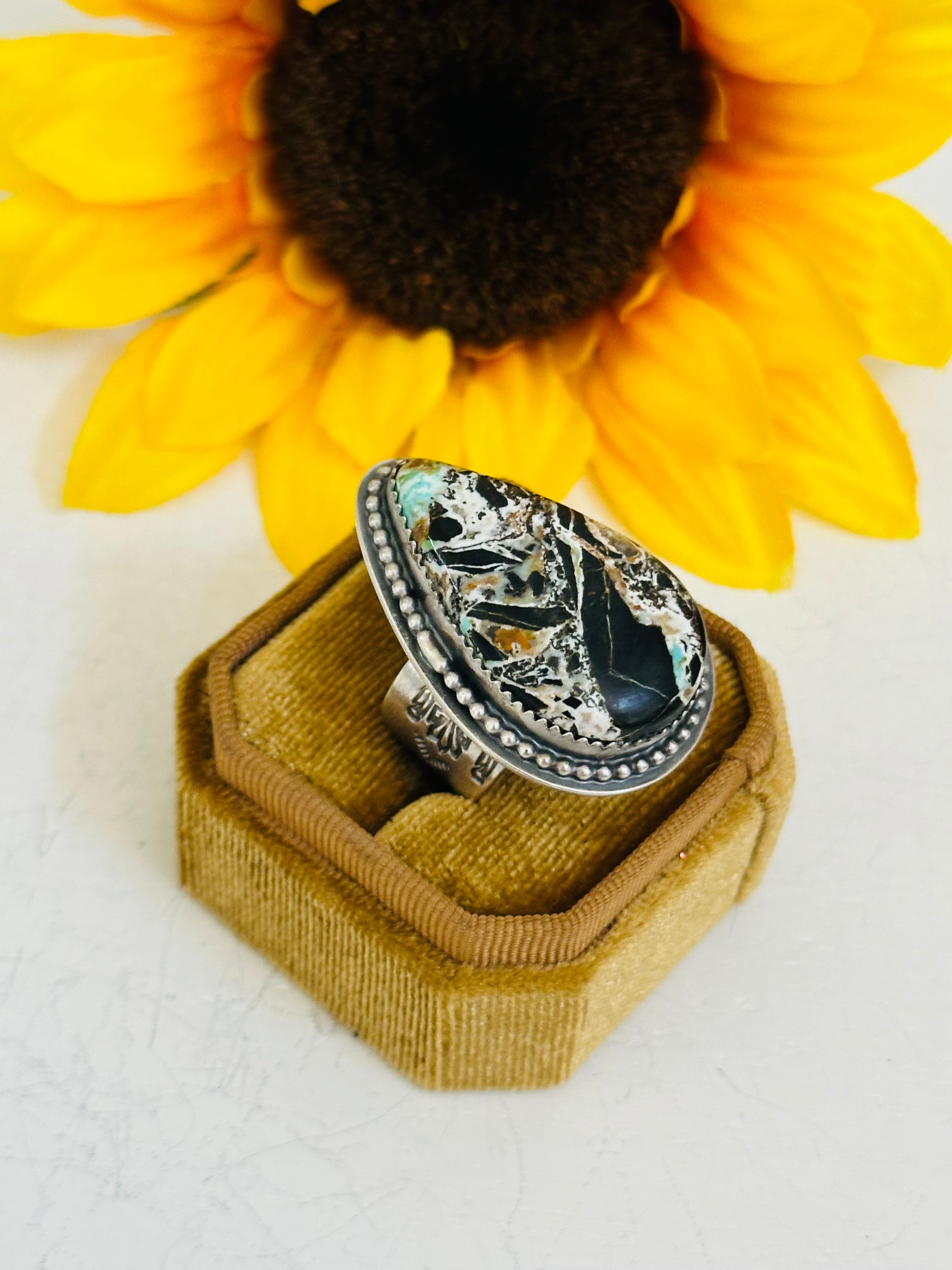 Navajo Made Black Jack Turquoise & Sterling Silver Ring Size 7.5