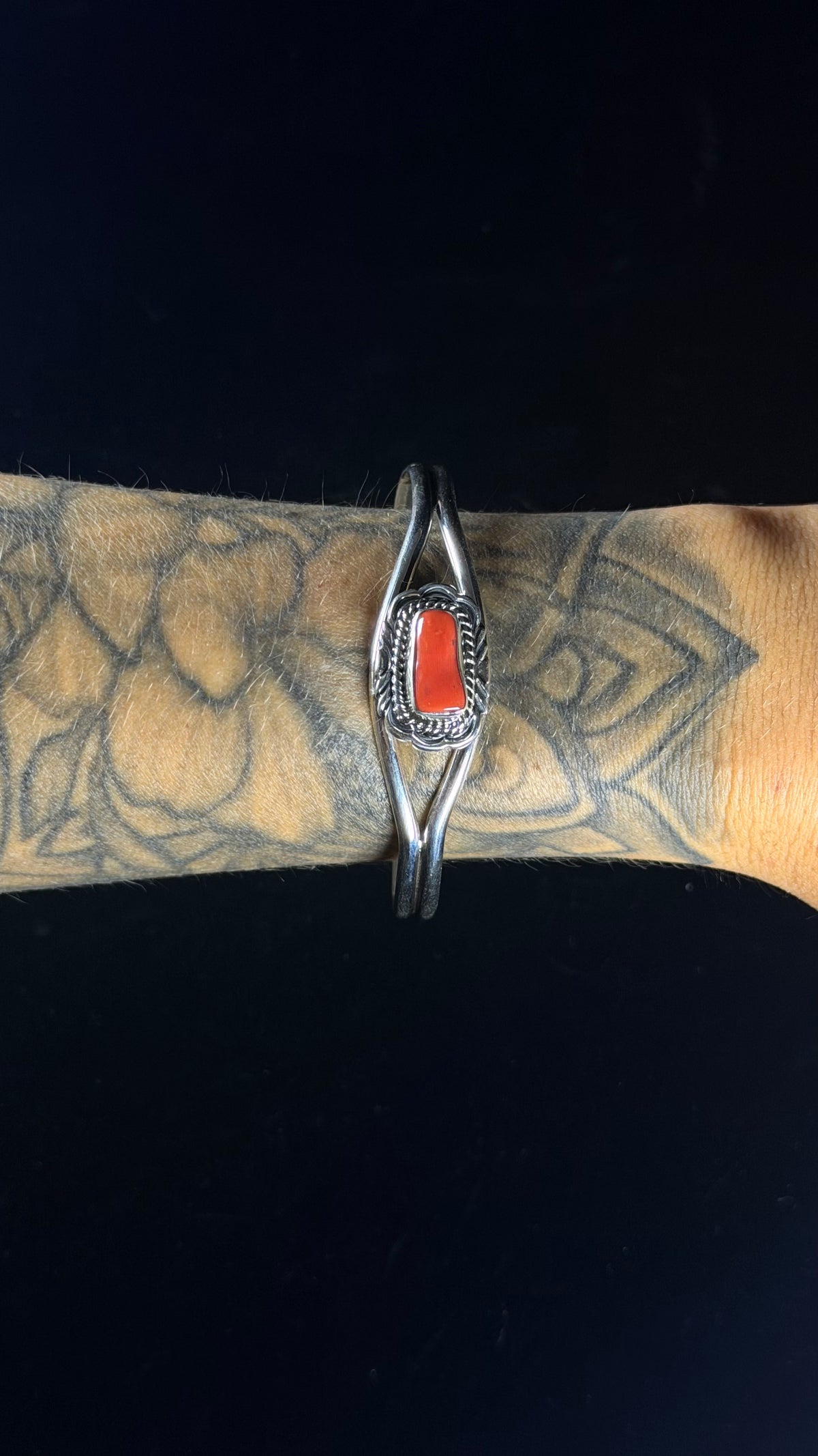 Navajo Made Mediterranean Coral & Sterling Silver Cuff Bracelet
