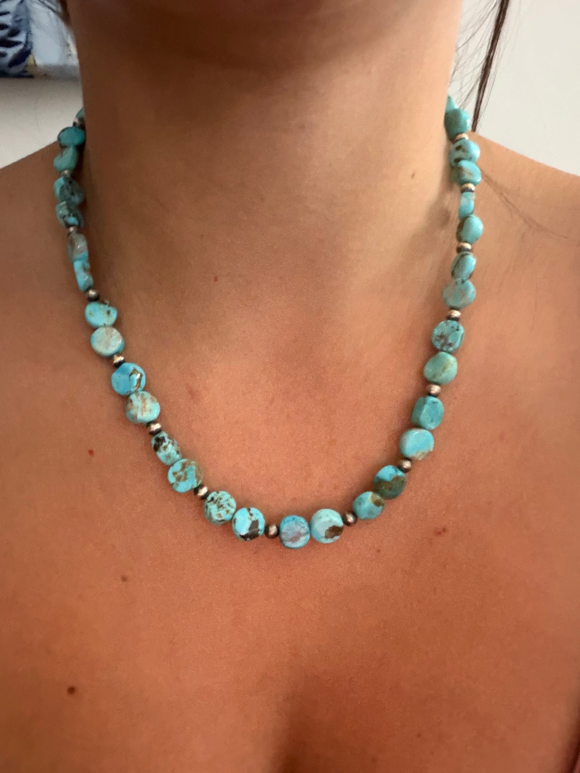 Navajo Strung Pilot Mountain Turquoise & Sterling Silver Pearl Beaded Necklace