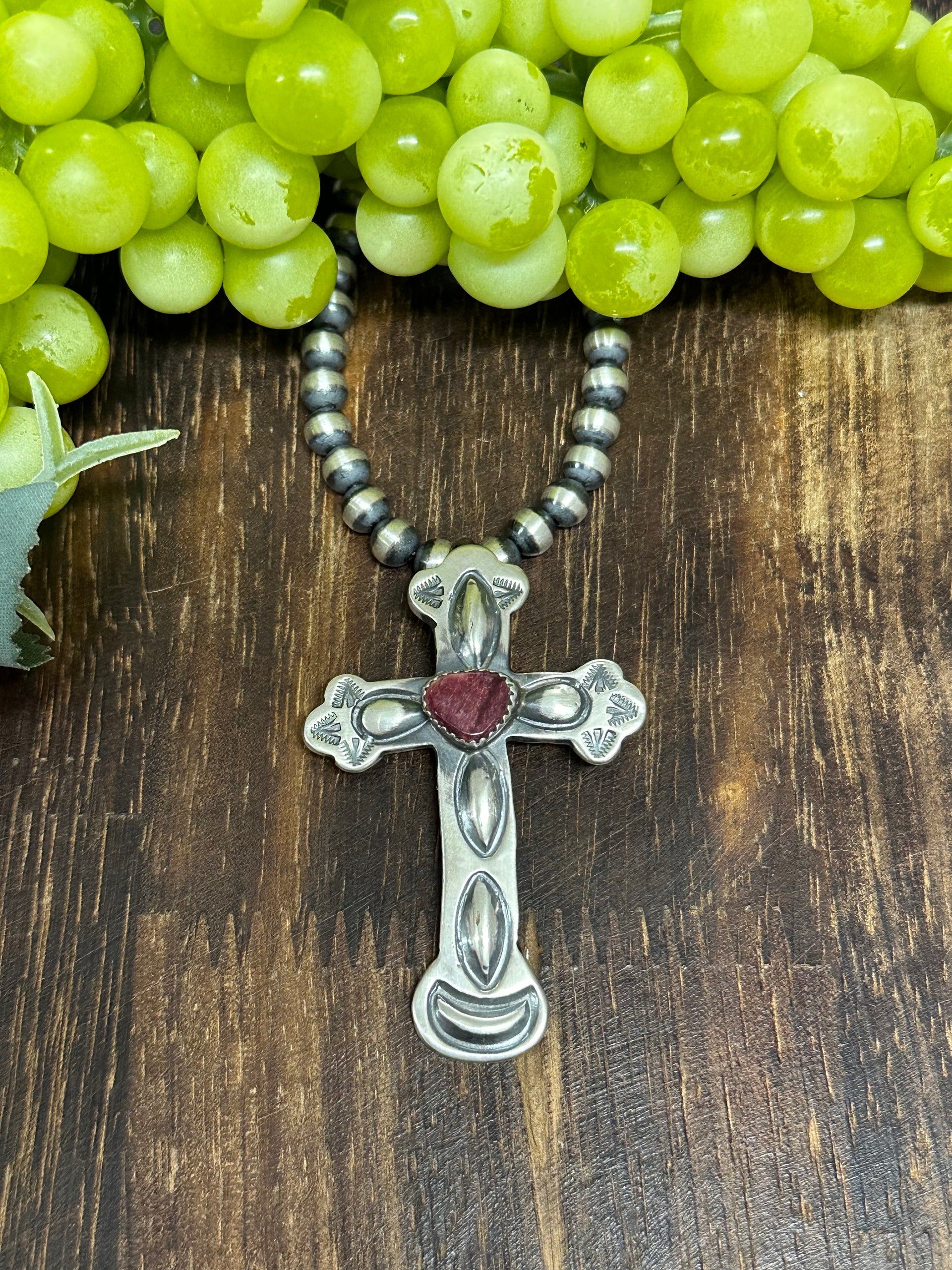 Navajo Made Purple Spiny Oyster & Sterling Silver Cross Pendant