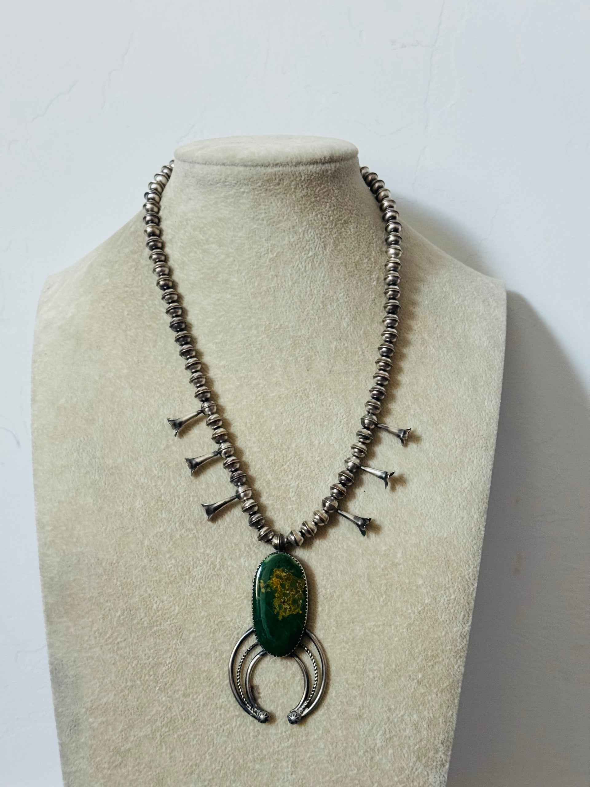 Navajo Made Pilot Mountain Turquoise & Sterling Silver Squash Blossom Necklace