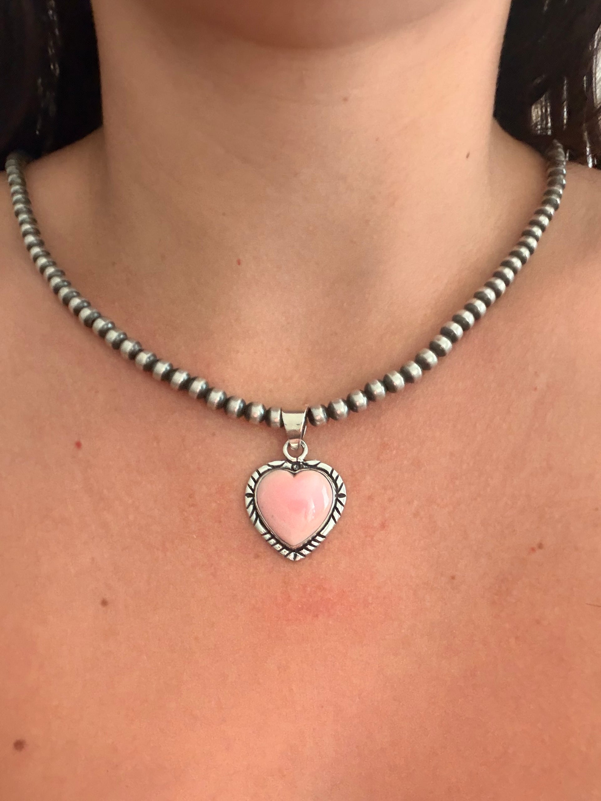 Navajo Made Pink Conch & Sterling Silver Heart Pendant