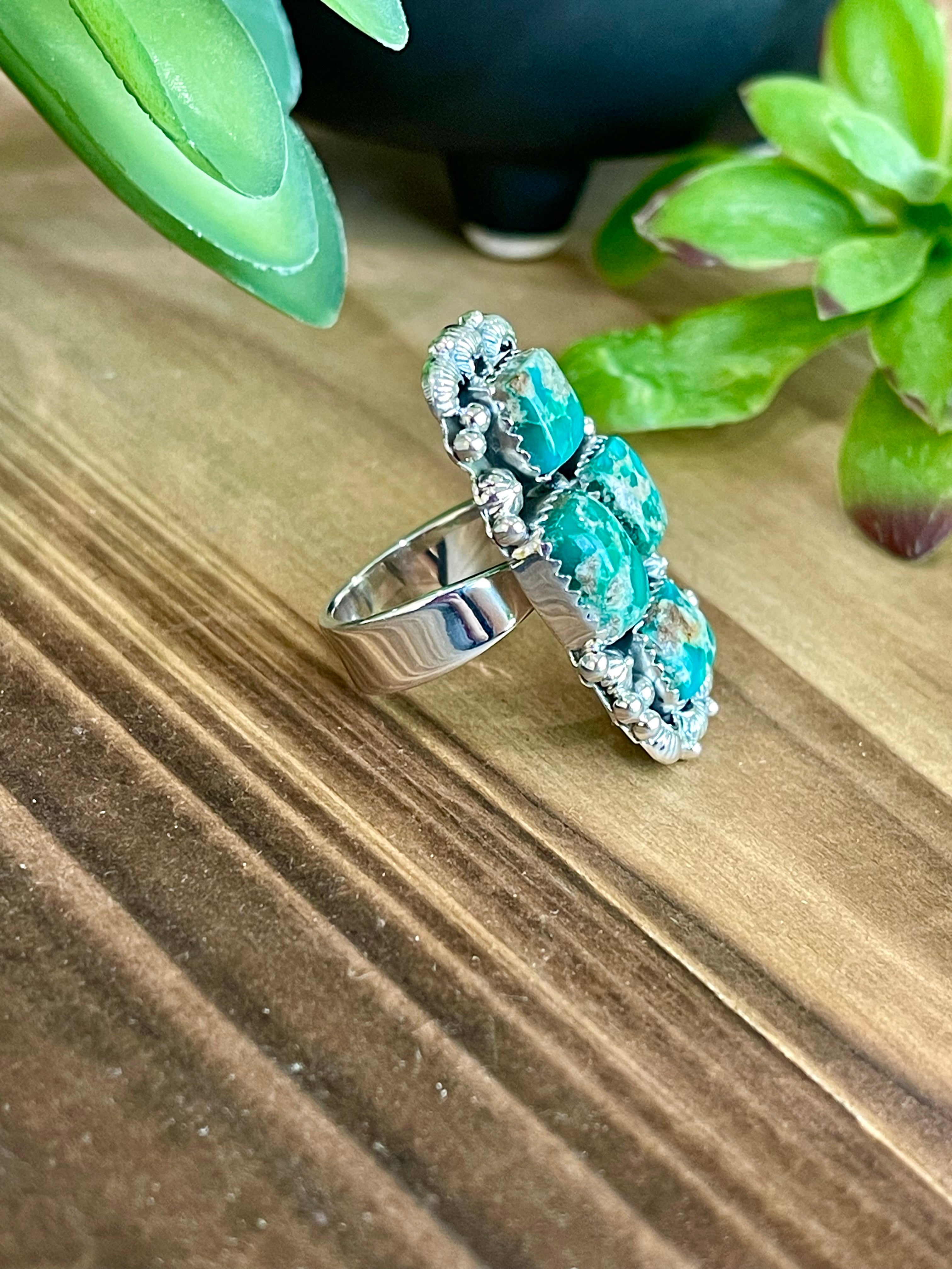 Southwest Handmade Emerald Valley Turquoise & Sterling Silver Adjustable Cluster Ring