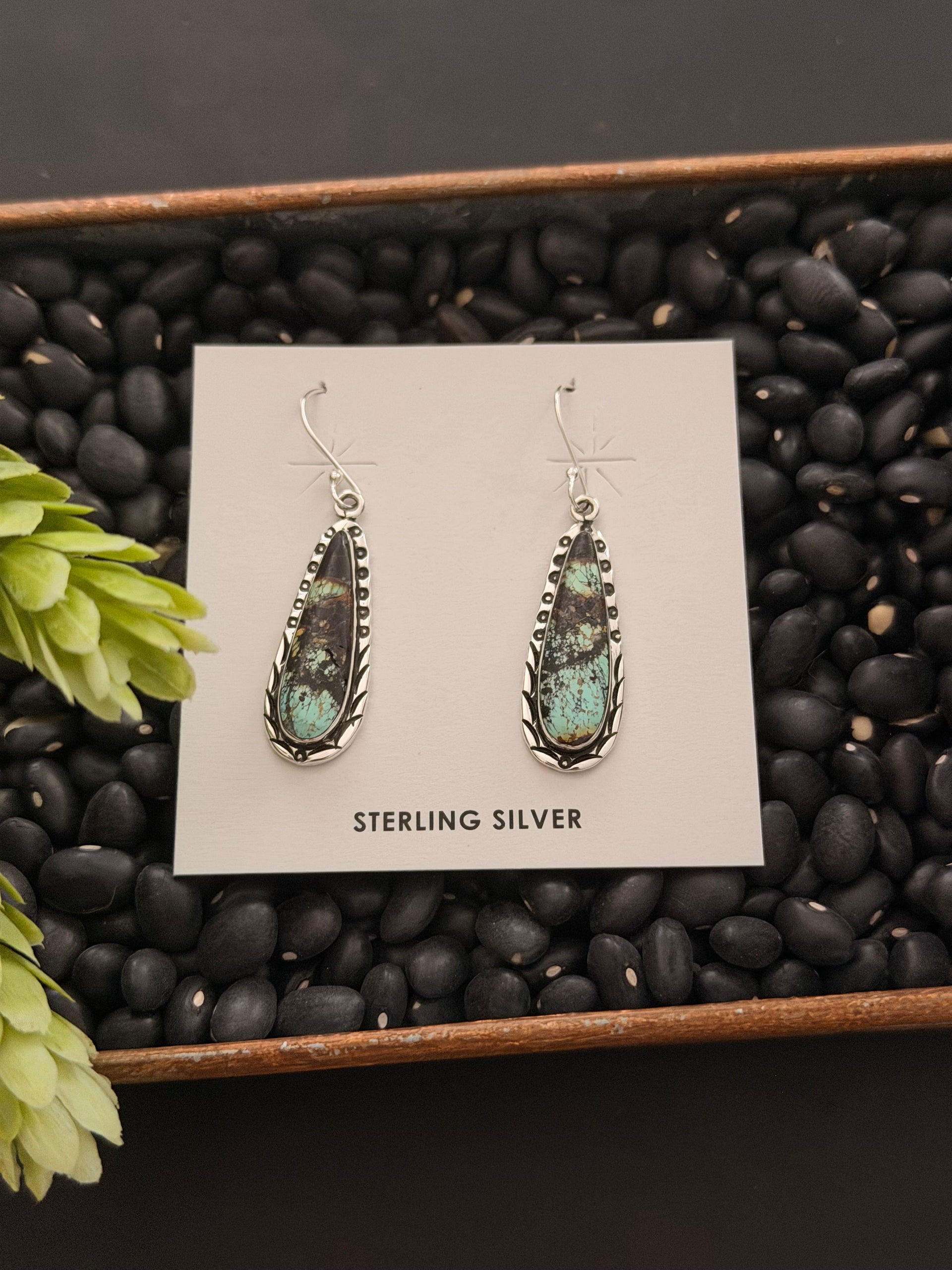 Navajo Made Black Jack Turquoise & Sterling Silver Dangle Earrings
