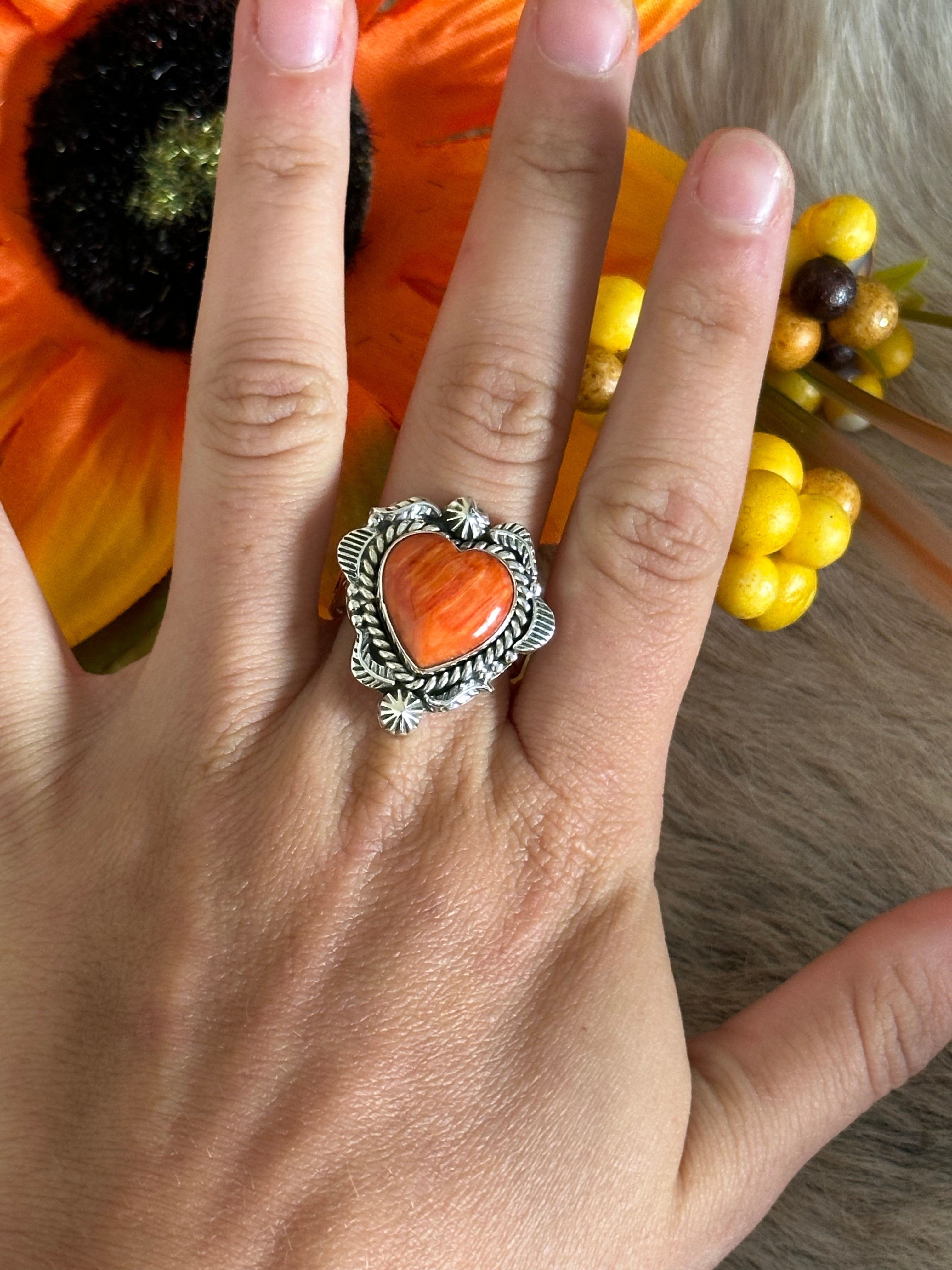 Southwest Handmade Spiny Oyster & Sterling Silver Adjustable Heart Ring