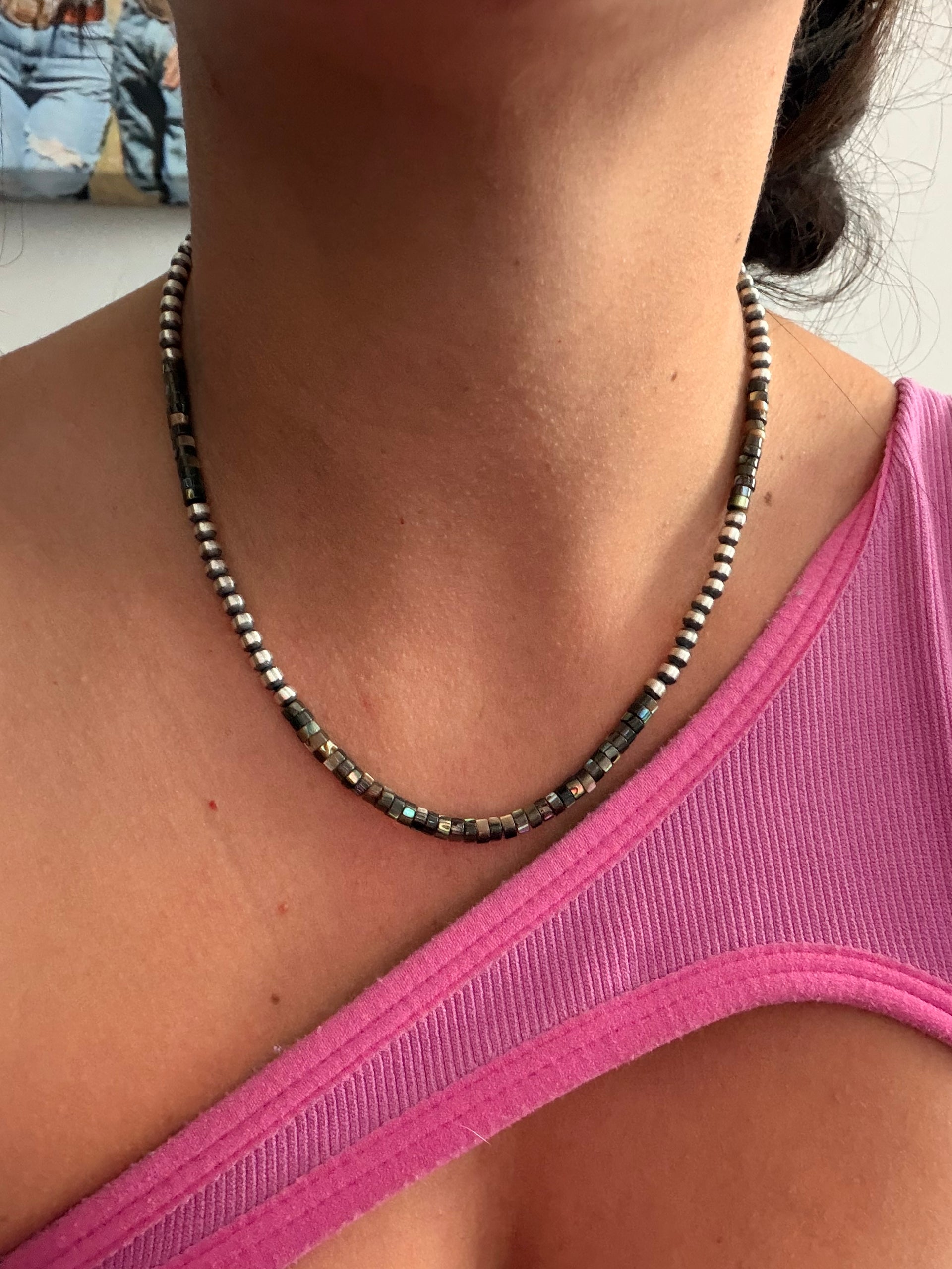 Navajo Strung Abalone & Sterling Silver 16” Machine Made Pearl Necklace