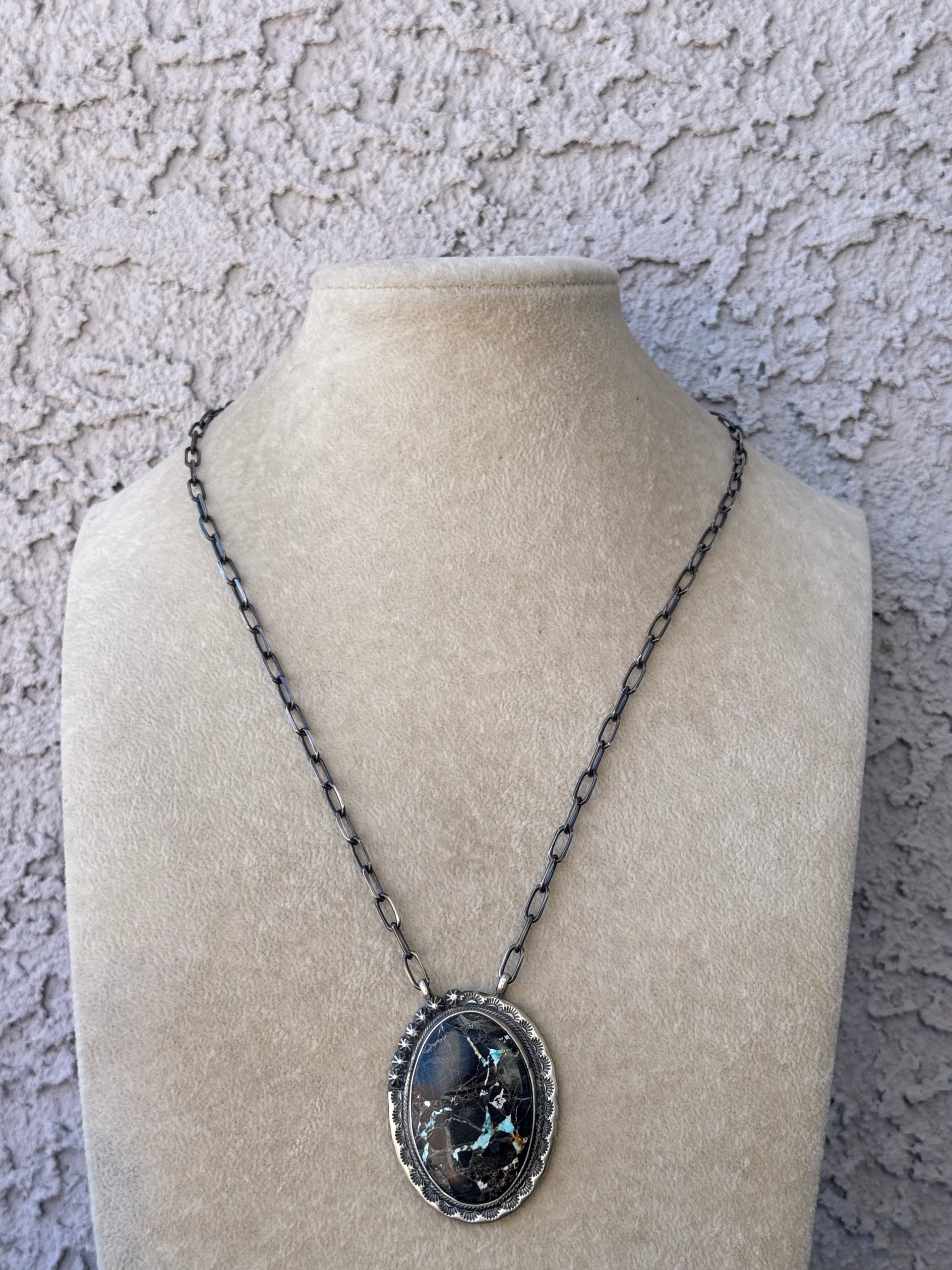 Navajo Made Black Jack Turquoise & Sterling Silver Necklace