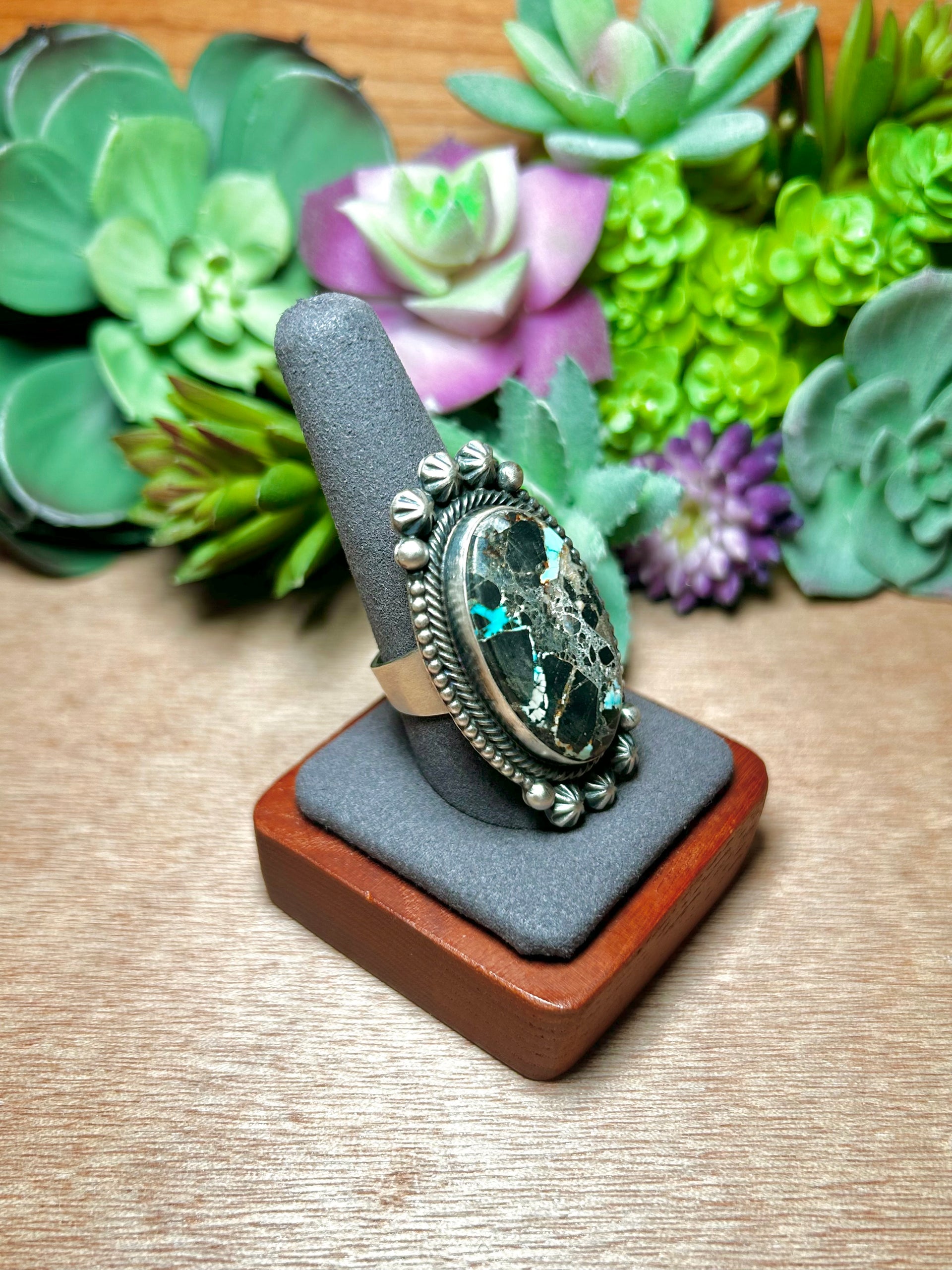 Navajo Made Black Jack Turquoise & Sterling Silver Ring Size 9.5