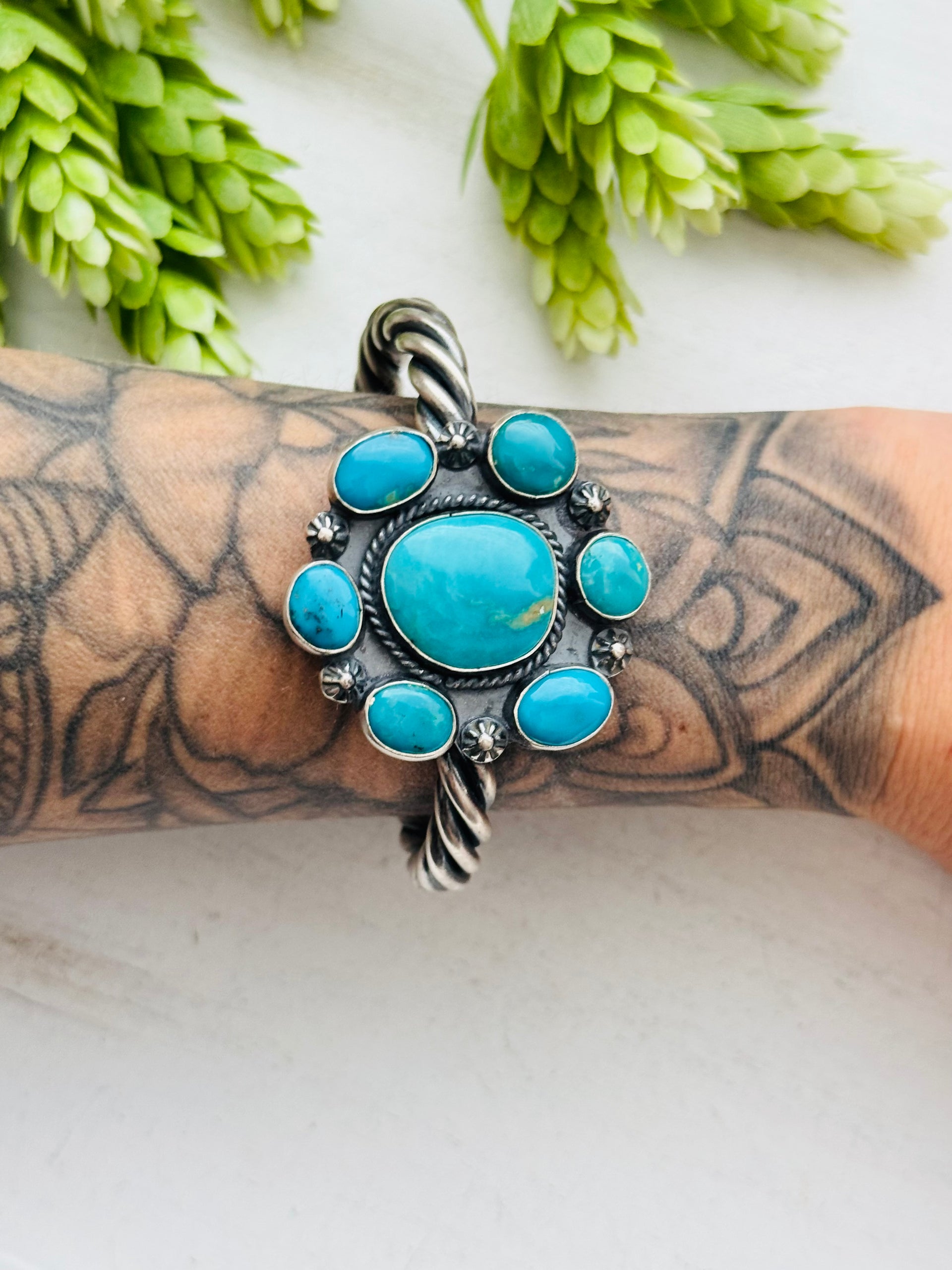 Virginia Sandoval Kingman Turquoise & Sterling Silver Cluster Cuff Bracelet