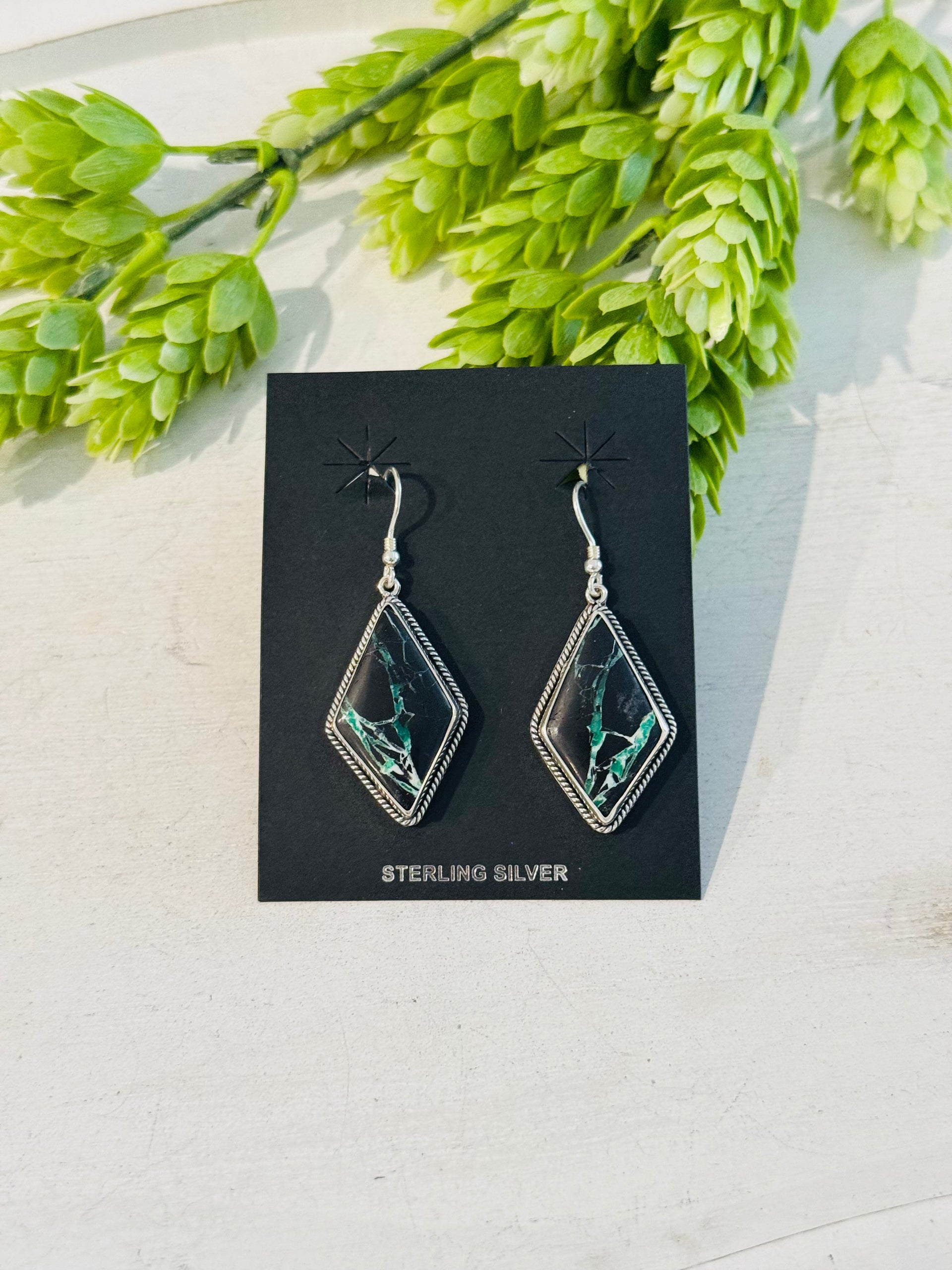 Southwest Handmade Black Jack Turquoise & Sterling Silver Dangle Earrings